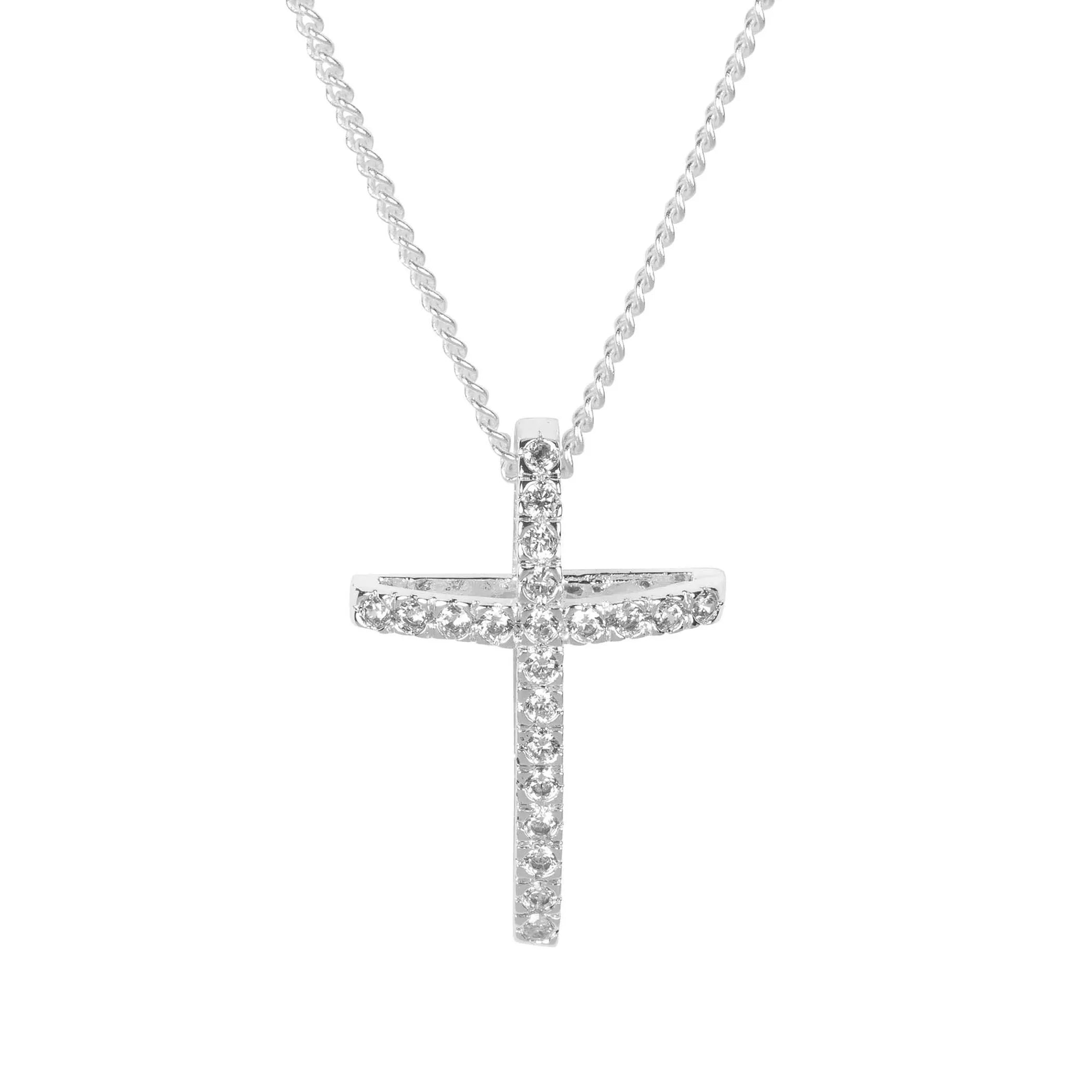 Open Bow Cz Cross Silver Plate  Chain