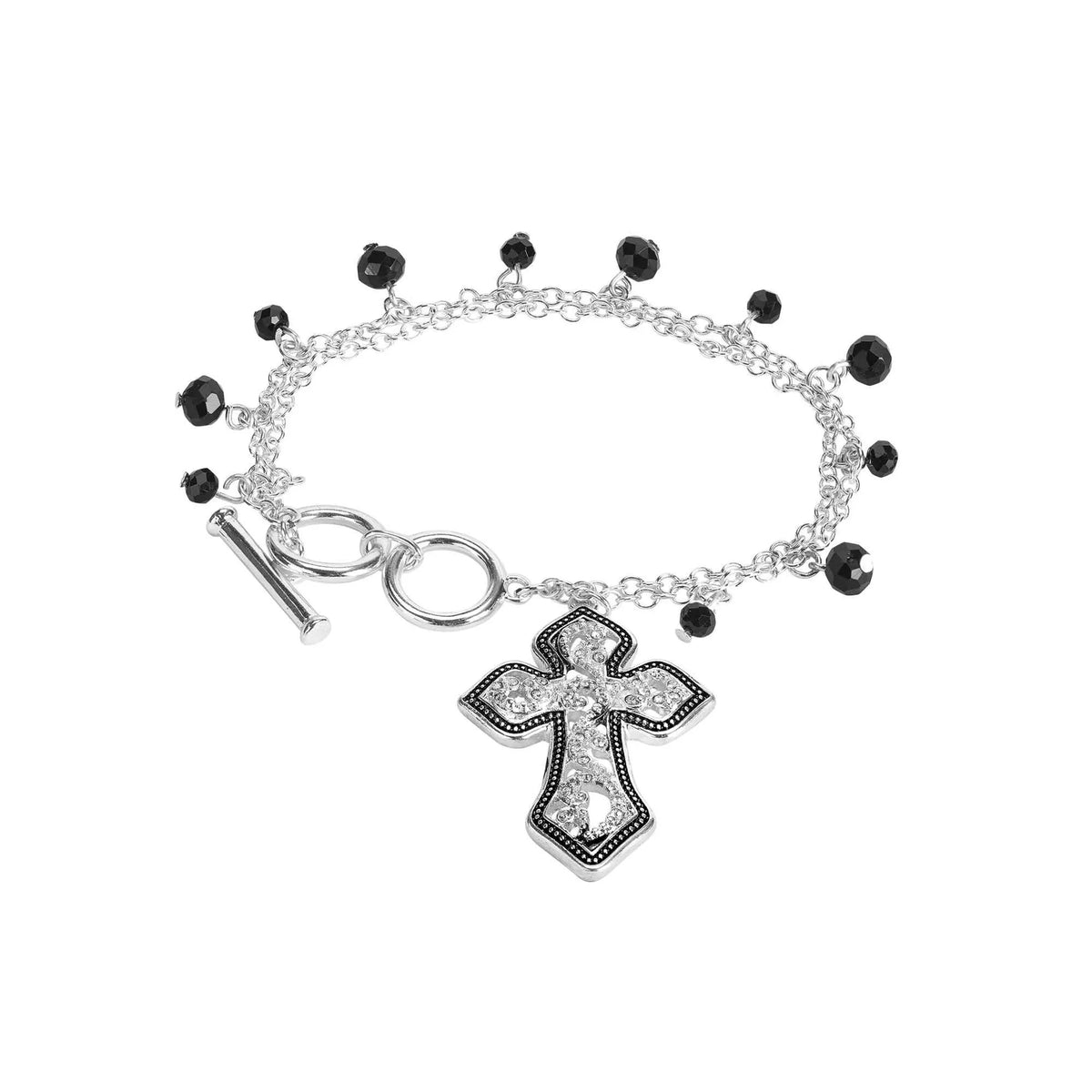Bracelet Cross Jet Bead Silver Toggle