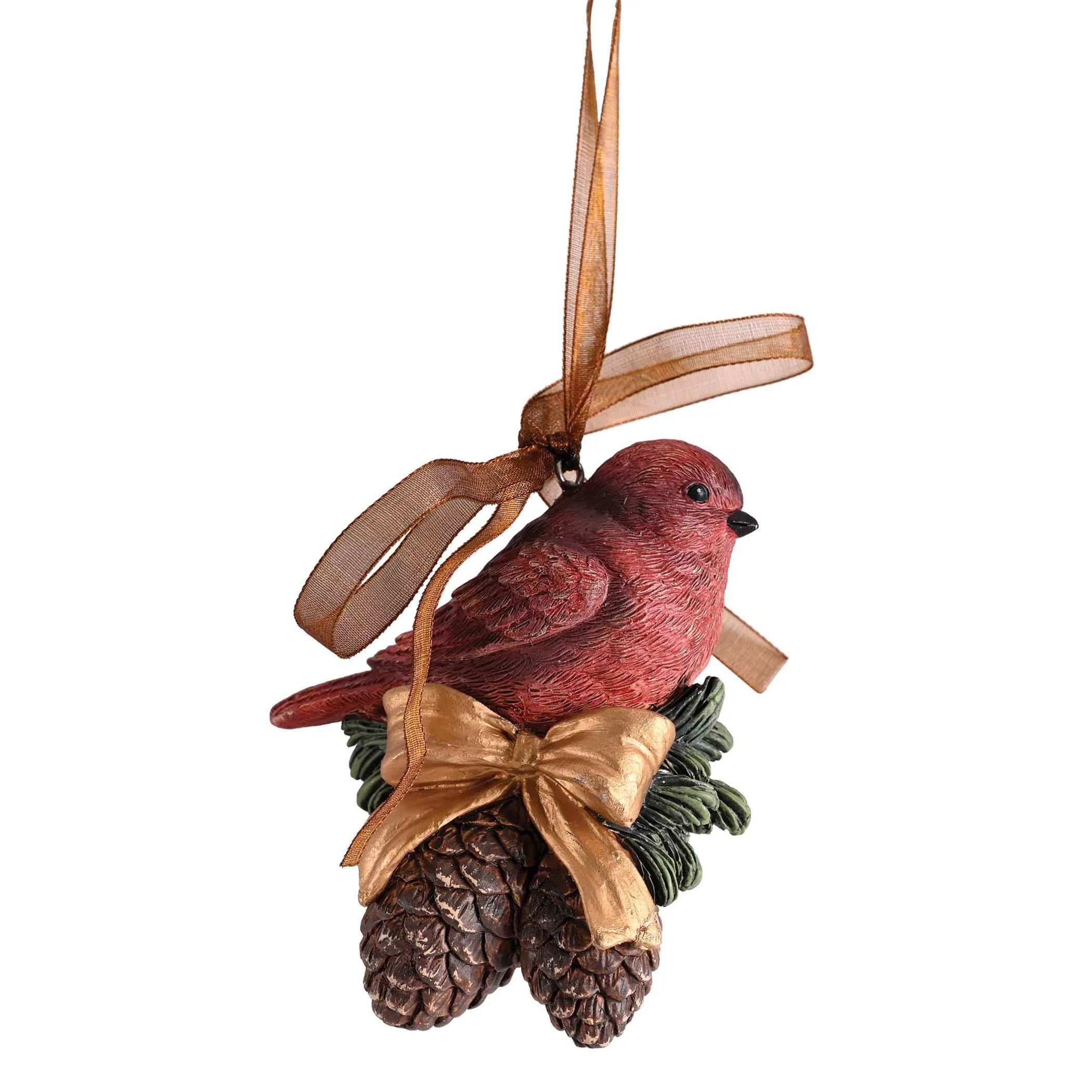 Ornament Redbird Pinecones Goldbow 3.5H