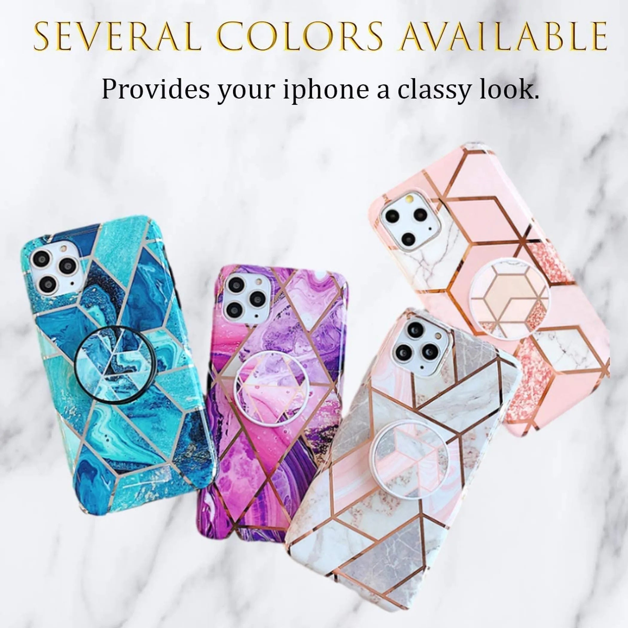 Geometric Marble Case Hard PC Bumper Protective & Shockproof Shell Cover (12/12 Pro/12 Pro Max with Pop Socket, Coral)