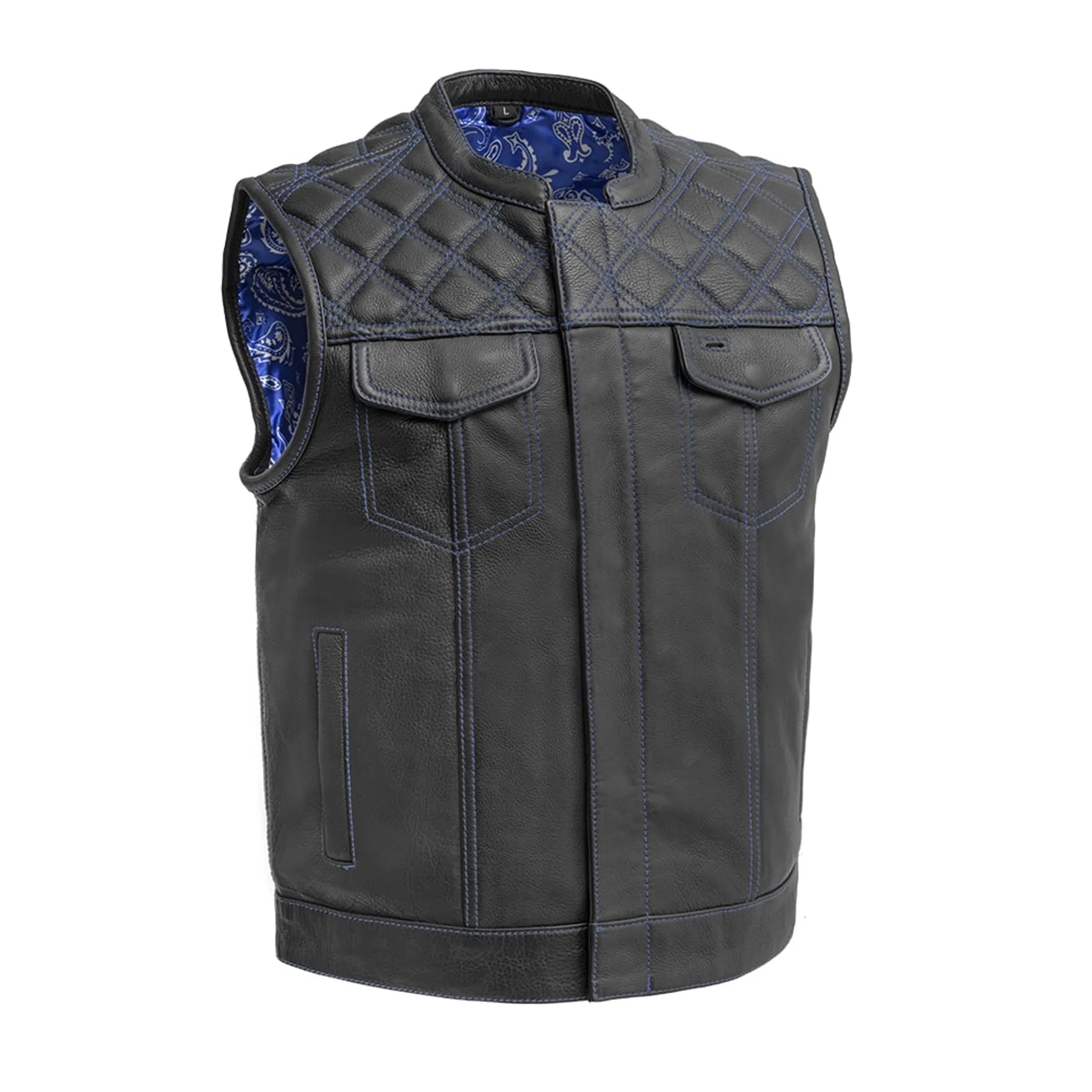 Downside Men's Motorcycle Leather Vest - Black/Blue