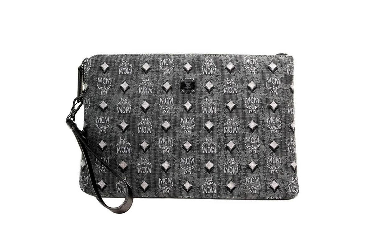 Mcm Veritas Medium Dark Grey Denim Monogram Clutch Pouch