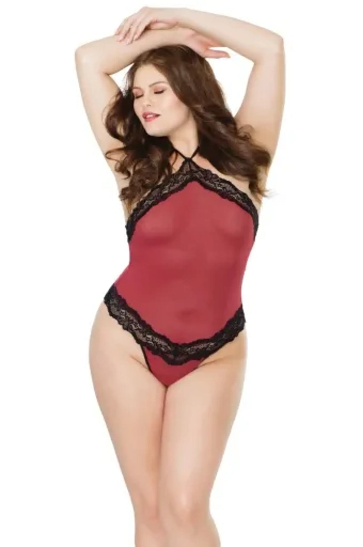Coquette Halter Mesh G-String Teddy W/ Scallop Lace Trim