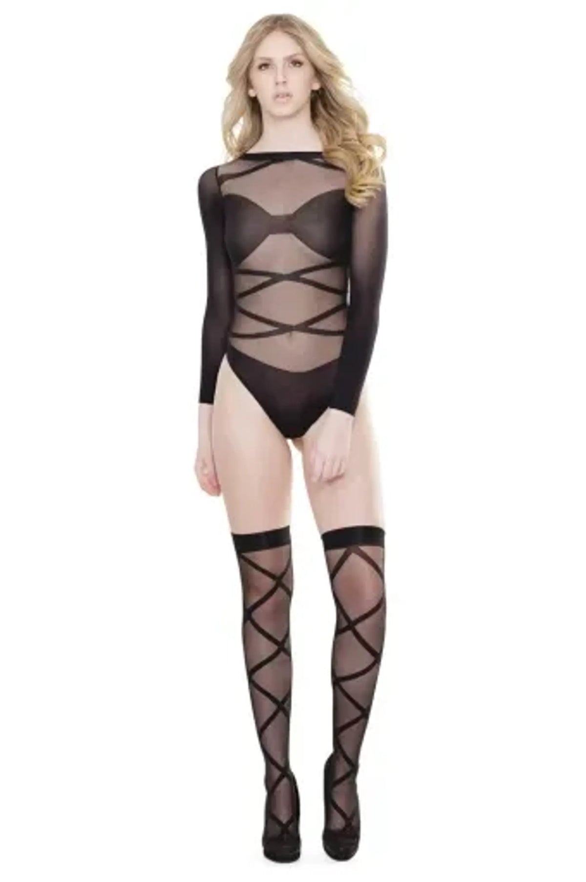 Coquette Long Sleeve Teddy With Stockings
