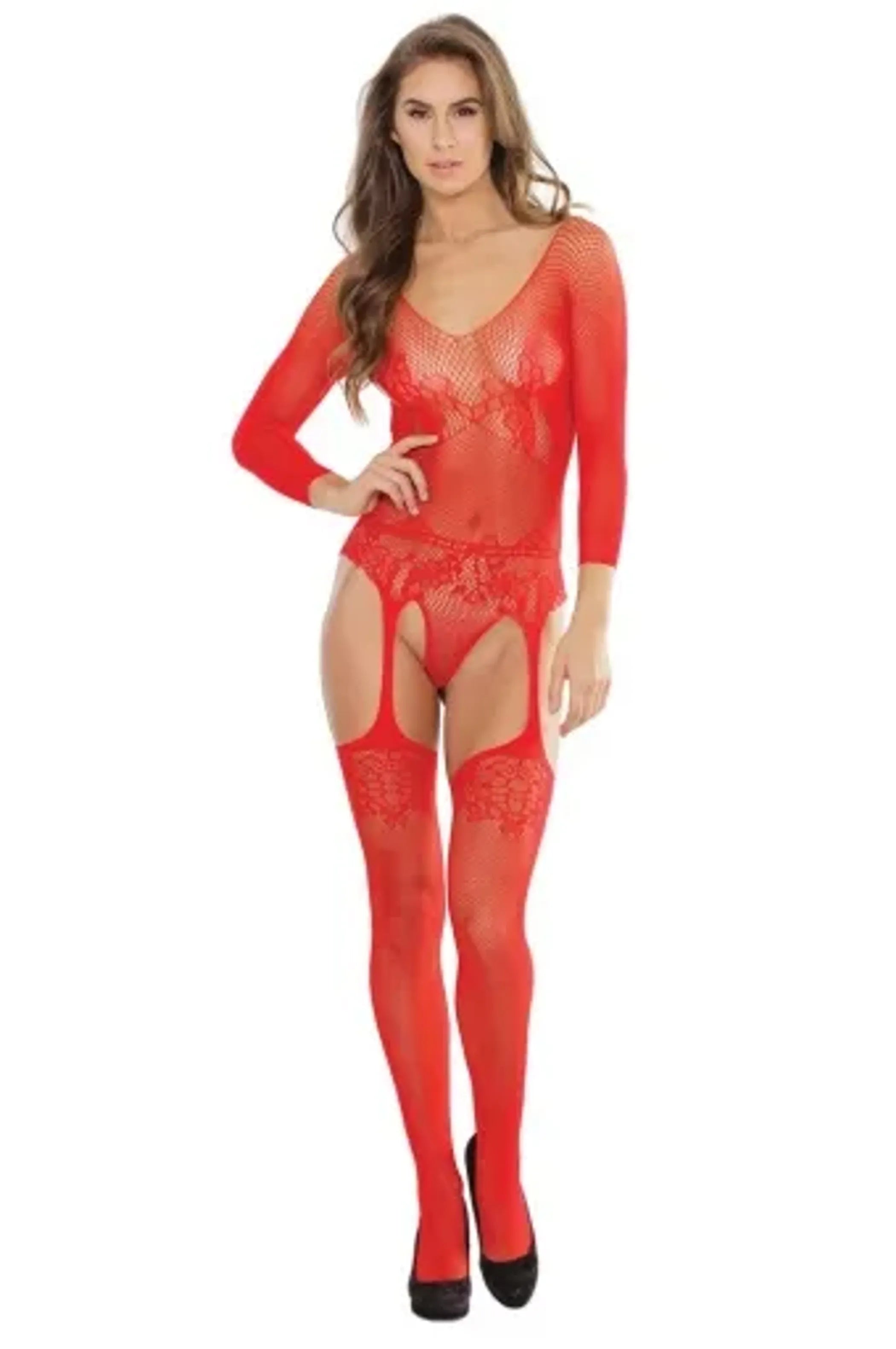 Coquette Long Sleeve Teddy W/ Attached Garters/Stocking