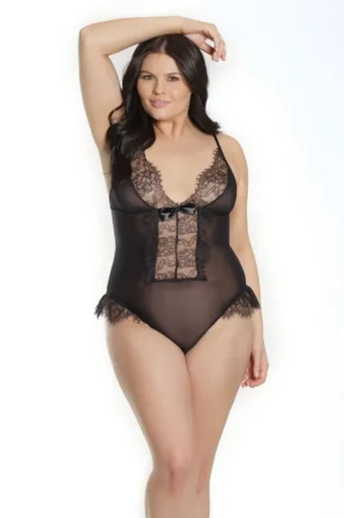 Coquette Sheer Crotchless Teddy W/ Eyelash Lace & Faux Button Detail