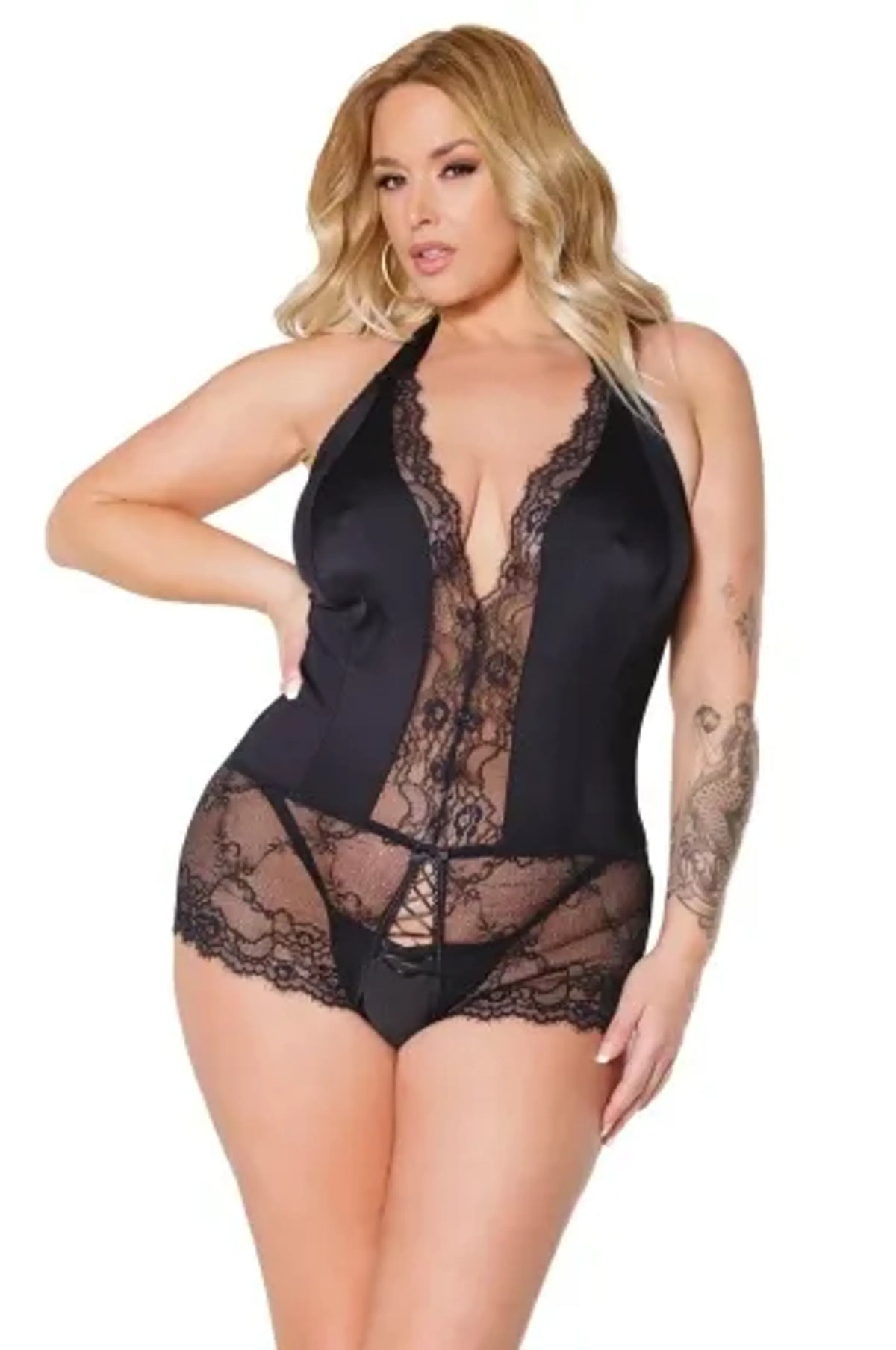 Coquette Satin & Lace Crotchless Halter Teddy