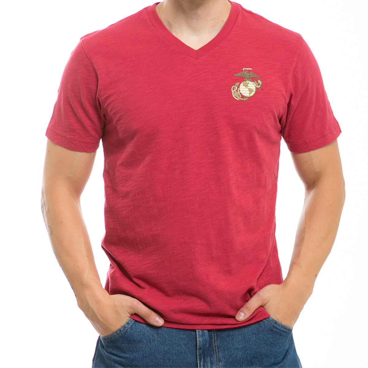 Military V-Neck Tee,Marines,Cardinal, L
