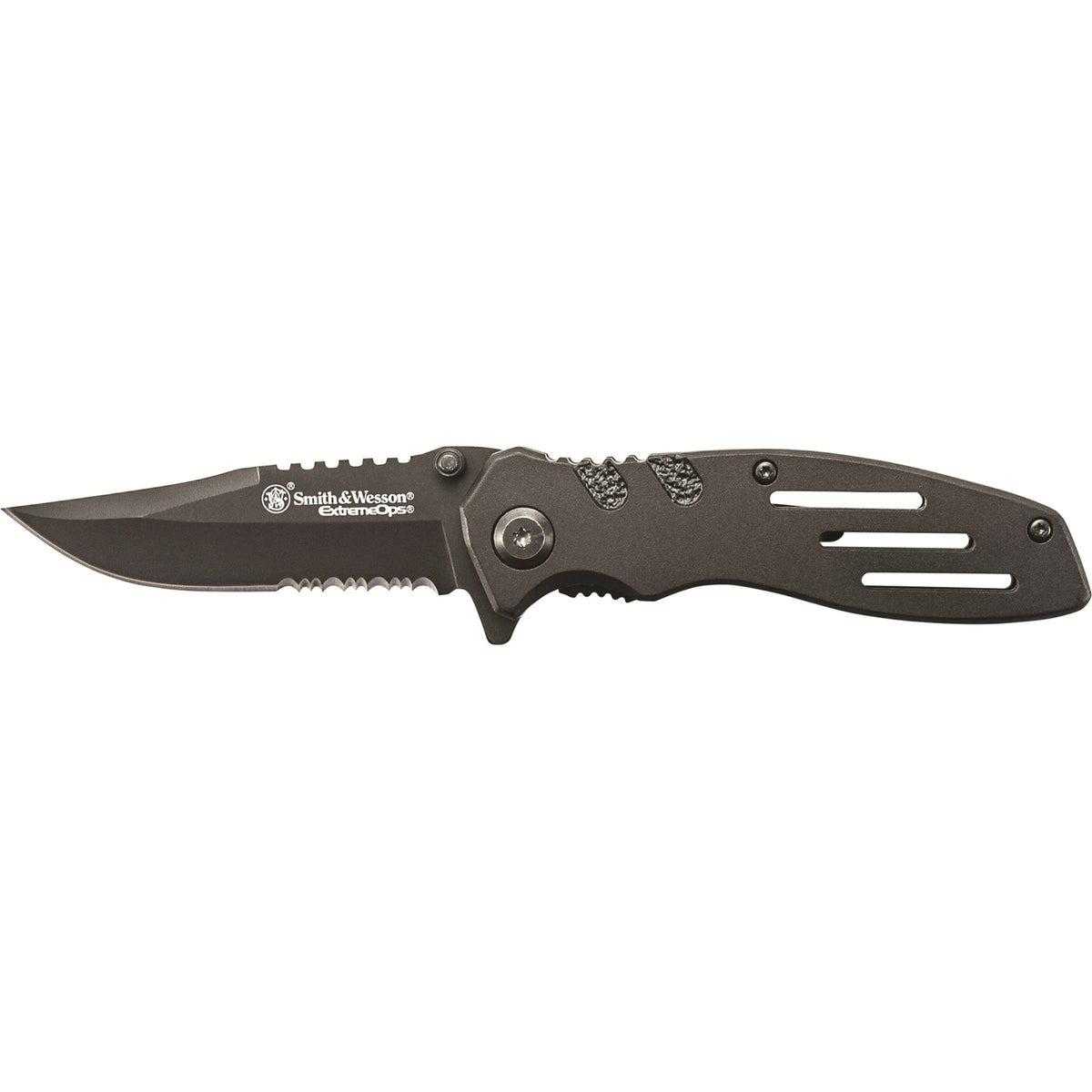 Swa24S - Smith &Amp; Wesson Extreme Ops Liner Lock Black Clip Point Blade W/Ambidextrous Thumb Knobs Black Aluminum Handle