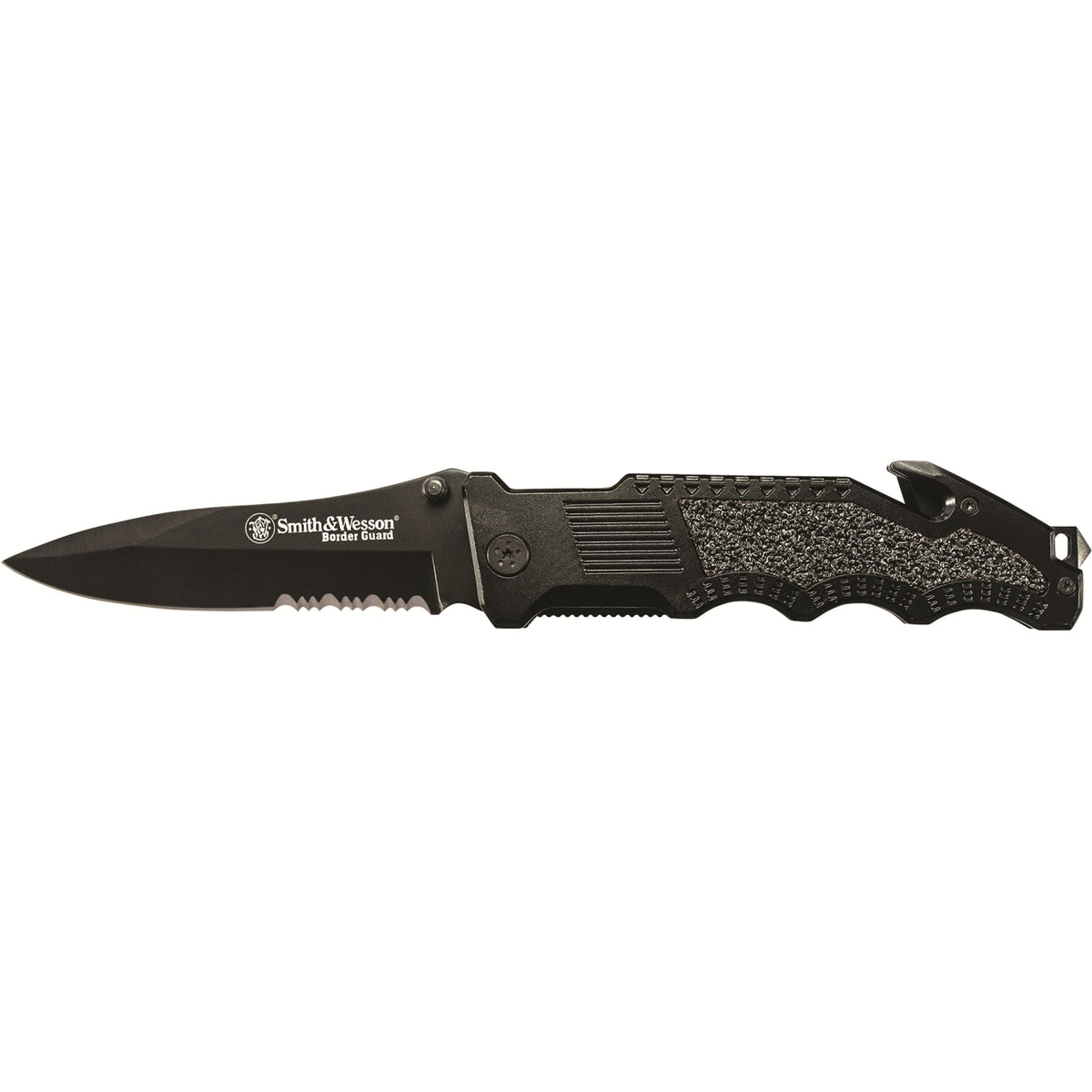Swbg1S - Smith &Amp; Wesson Border Guard 2 W/Black Coated W/40% Serrated Stainless Steel Drop Point Blade &Amp; Black Coated Aluminum Handle W/Trac Tec Insert, Glass Break, Seatbelt Cutter &Amp; Pocket Clip