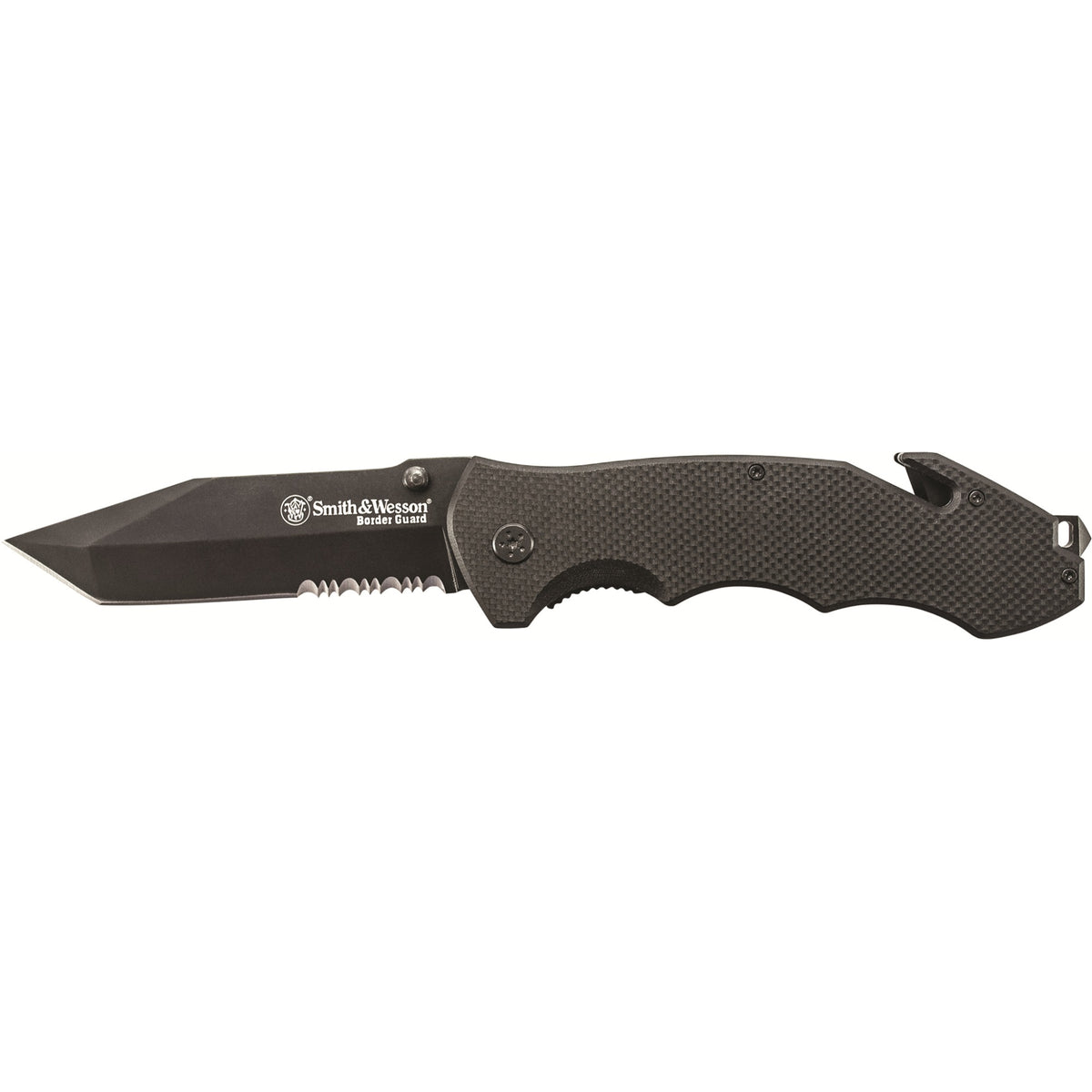 Swbg6Ts - Smith &Amp; Wesson Border Guard 5 Liner Lock Black Tanto Partially Serrated Blade With Ambidextrous Thumb Knobs G-10 Handle With Lanyard Hole, Glass Break, Strap Cutter, And Pocket Clip