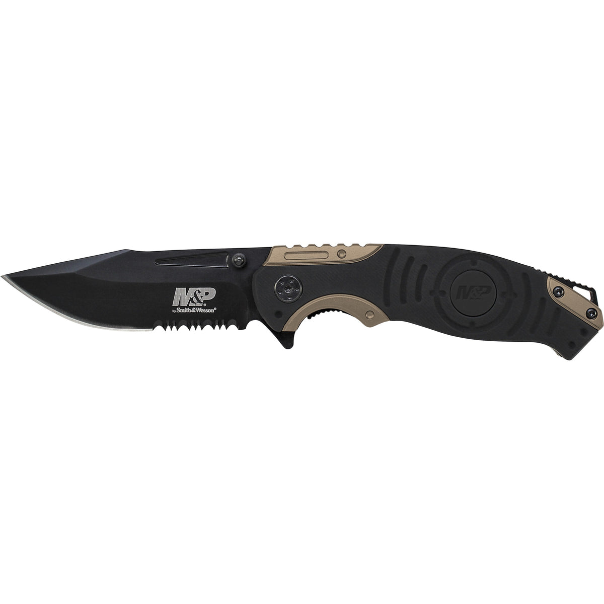 Swmp13Bs - Smith &Amp; Wesson Liner Lock, 8Cr13Mov Drop Point Blade, Thumb Knobs, Index Flipper, Black/Gold Handle