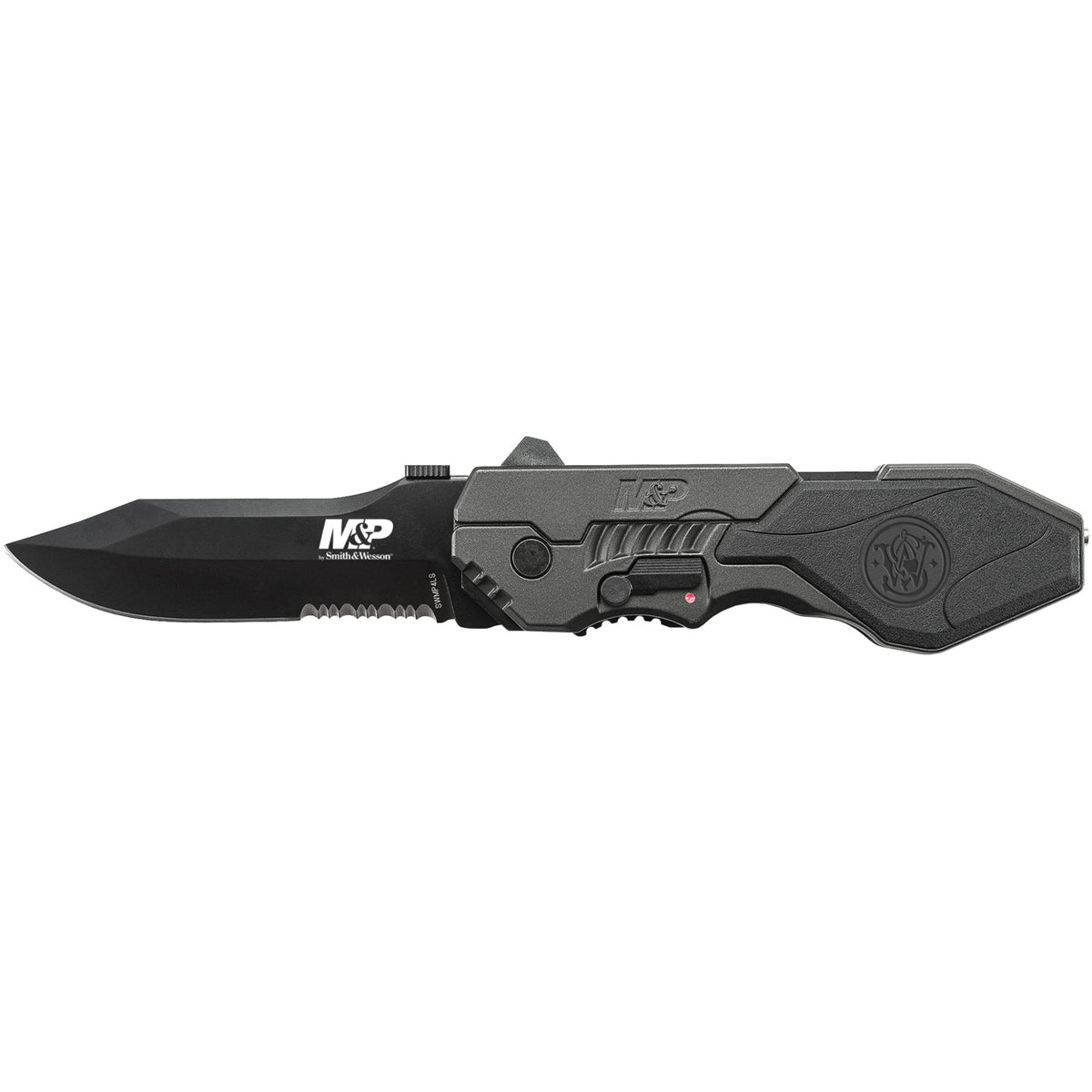 Swmp4Ls - Smith &Amp; Wesson M&Amp;P 2Nd Generation M.A.G.I.C. Assist 4034 Stainless Steel W/40% Serrated Drop Point Blade W/Linerlock Black Aluminum Handle W/Rubber Outlay, Side Safety &Amp; Glass Break
