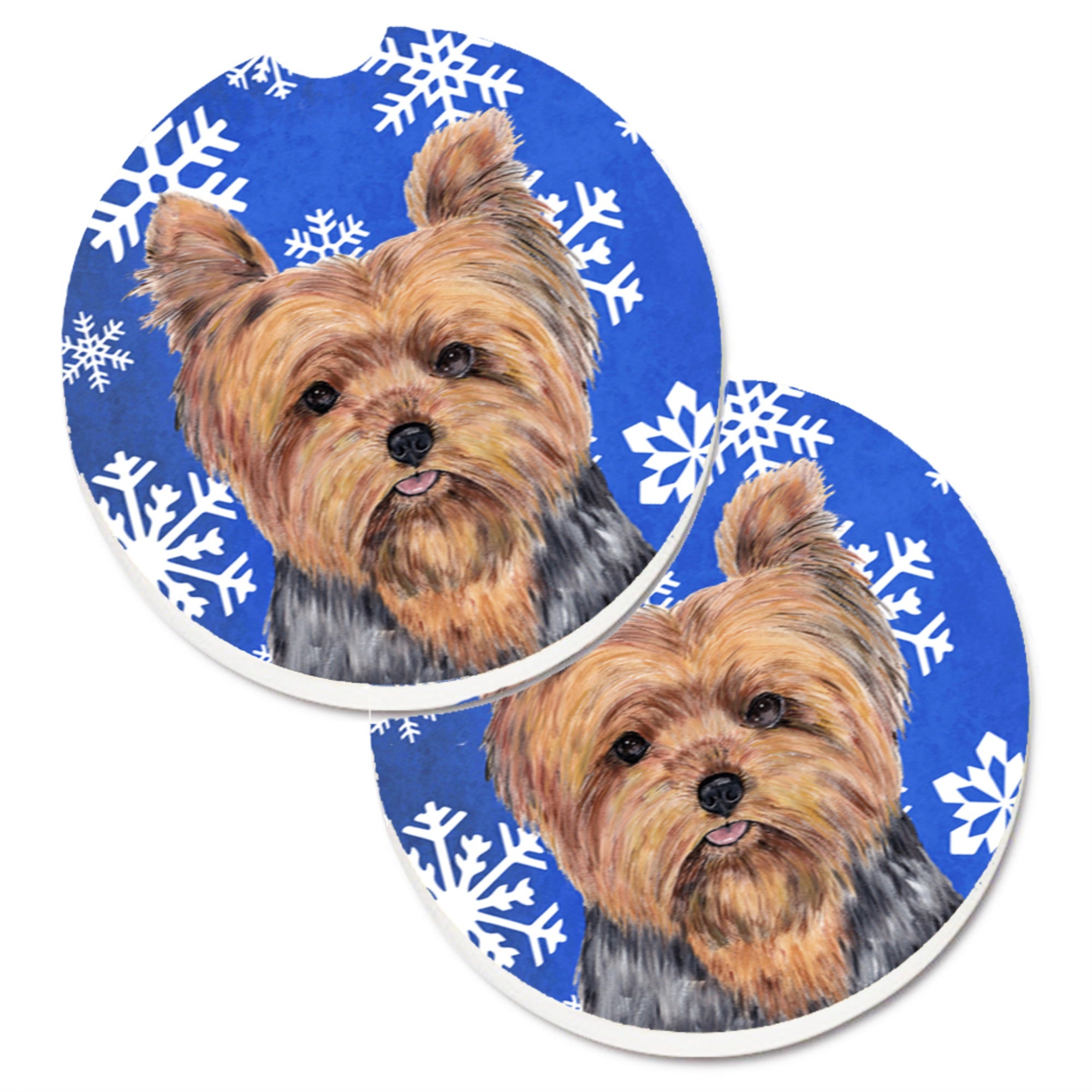 Caroline'S Treasures Yorkie Winter Snowflakes Holiday Set Of 2 Cup Holder Car Coasters Sc9388Carc, 2.56, Multicolor