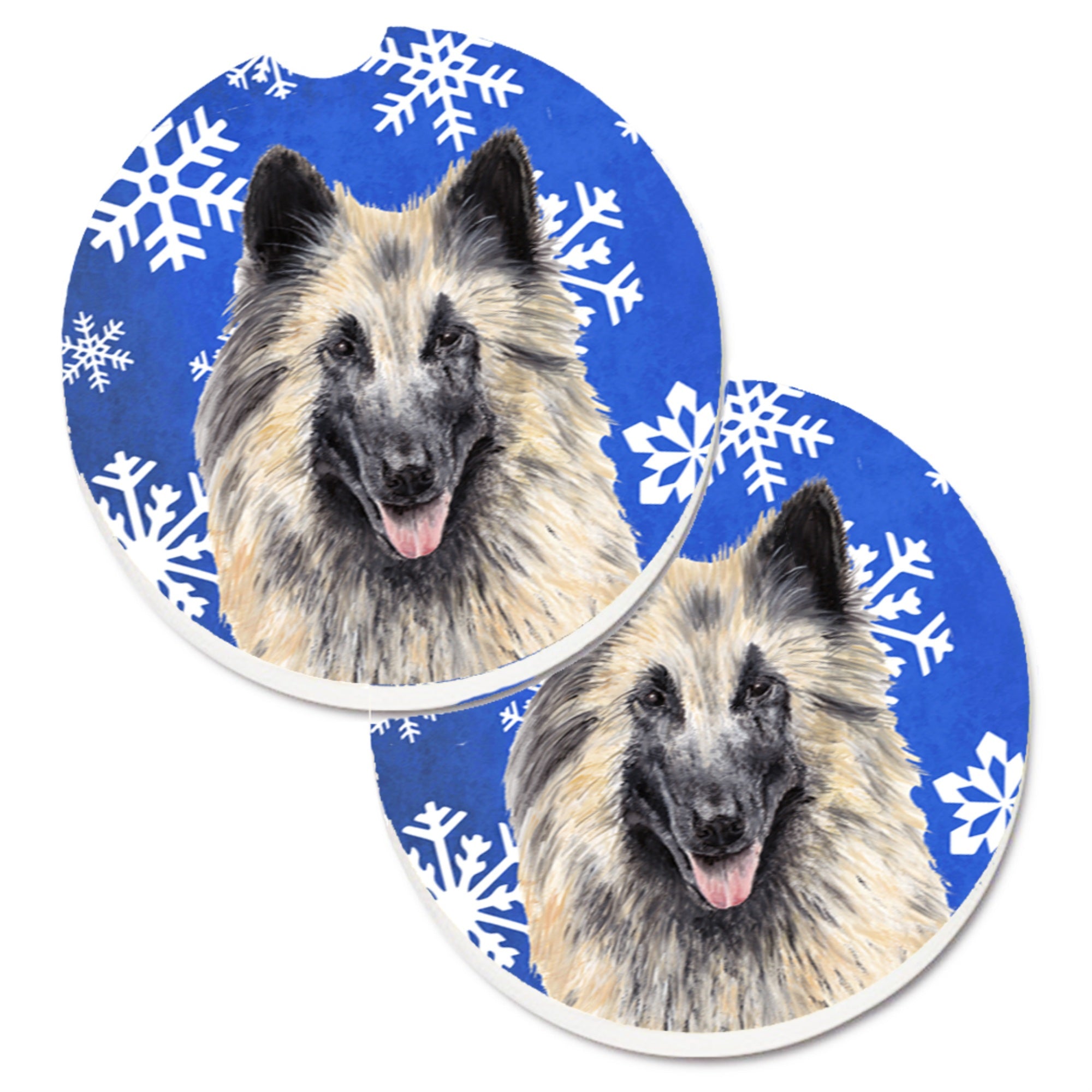 Caroline'S Treasures Belgian Tervuren Winter Snowflakes Holiday Set Of 2 Cup Holder Car Coasters Sc9392Carc, 2.56, Multicolor,