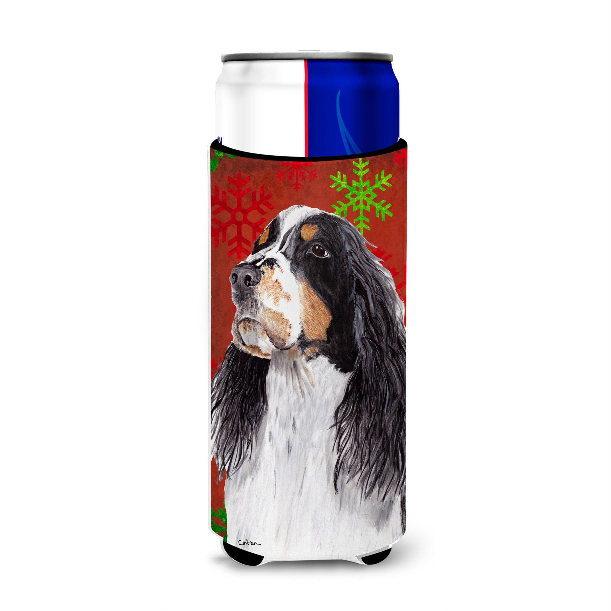Springer Spaniel Red And Green Snowflakes Holiday Christmas Ultra Beverage Insulators For Slim Cans Sc9401Muk