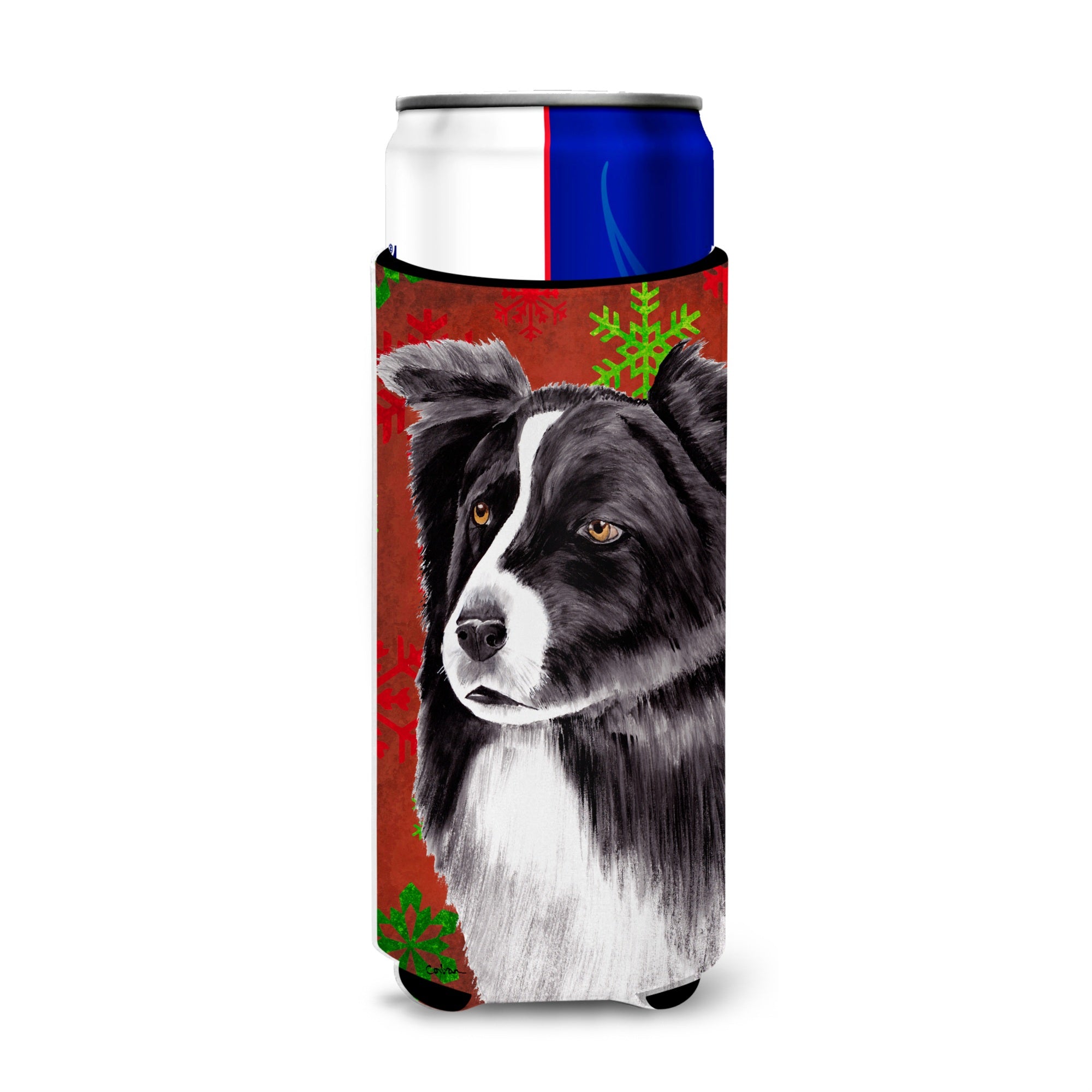 Border Collie Red And Green Snowflakes Holiday Christmas Ultra Beverage Insulators For Slim Cans Sc9407Muk