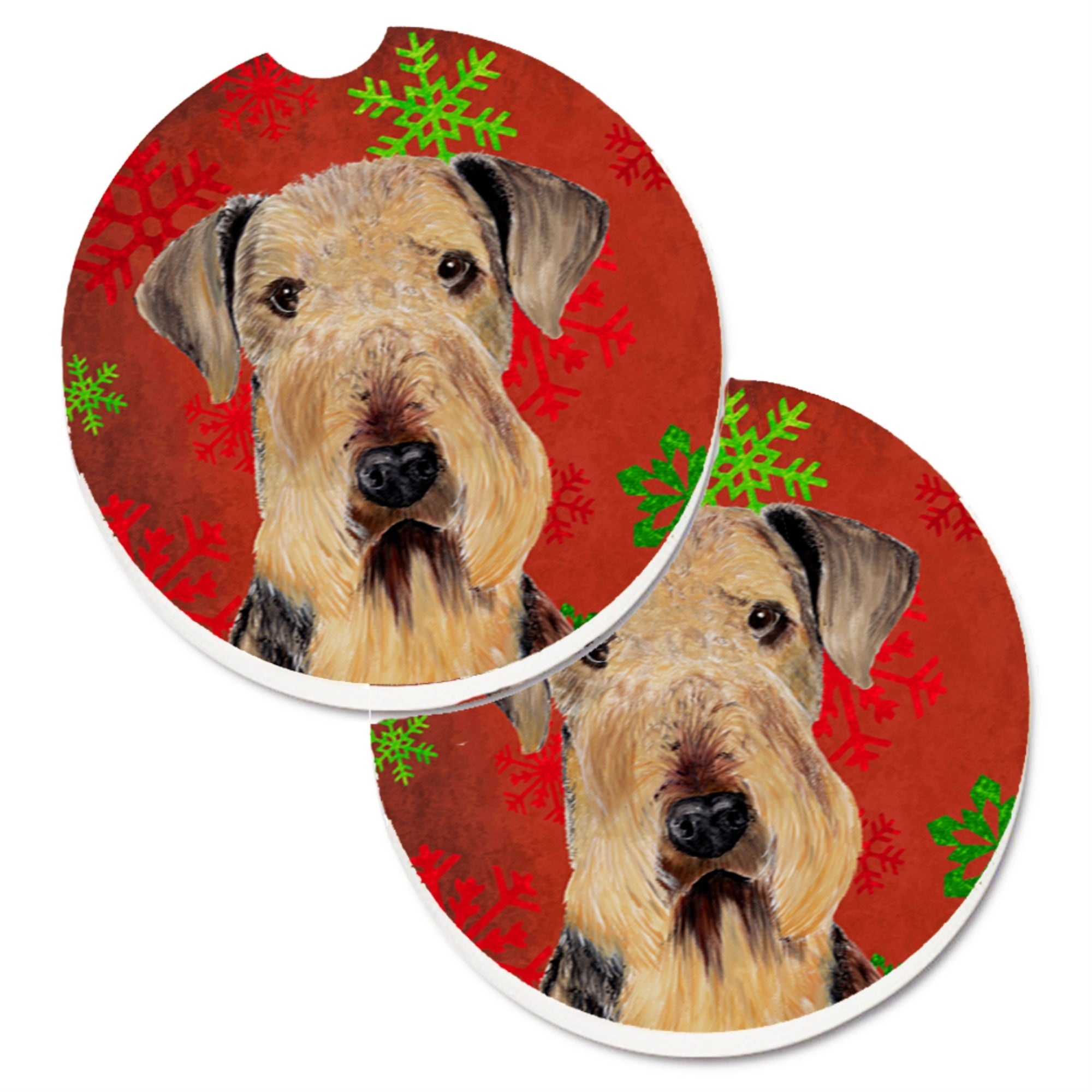 Caroline'S Treasures Airedale Red & Green Snowflakes Holiday Christmas Set Of 2 Cup Holder Car Coasters Sc9413Carc, 2.56, Mult