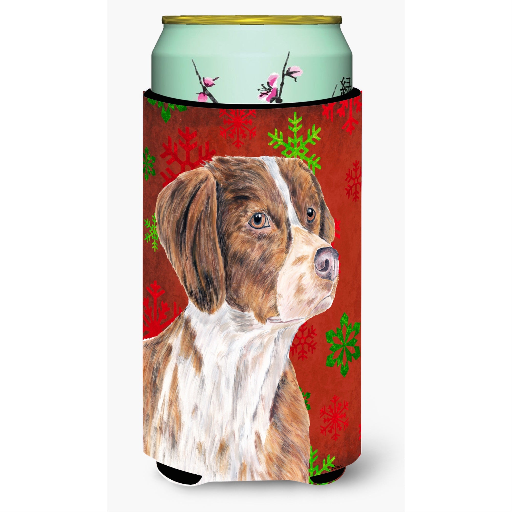 Caroline'S Treasures Brittany Red And Green Snowflakes Holiday Christmas Koozie Hugger, Tall, Multicolor