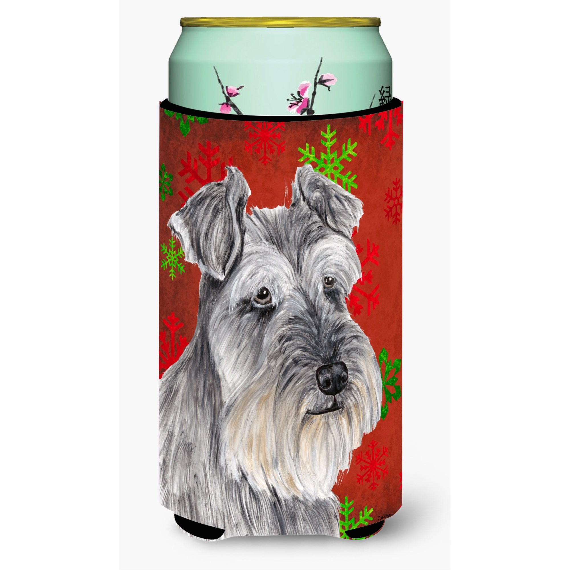 Caroline'S Treasures Schnauzer Red And Green Snowflakes Holiday Christmas Koozie Hugger, Tall, Multicolor