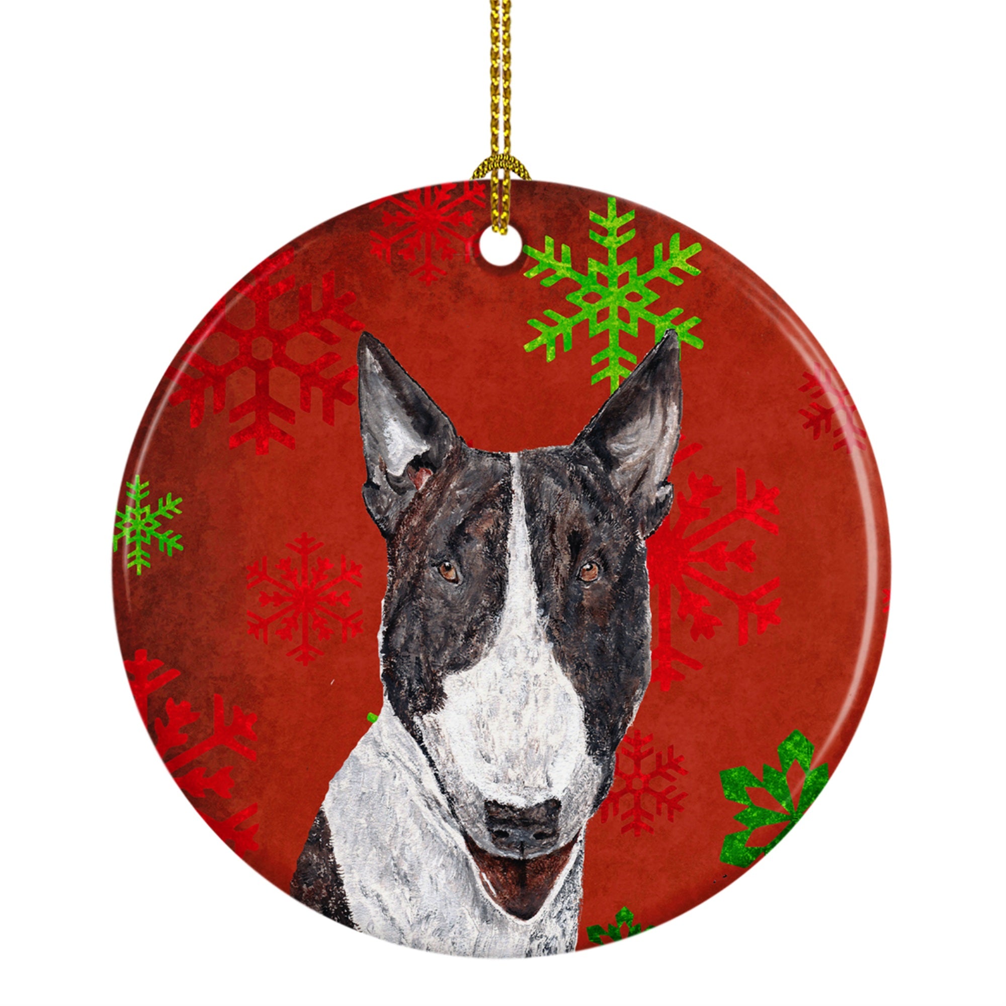 Bull Terrier Red Snowflakes Holiday Ceramic Ornament SC9589CO1