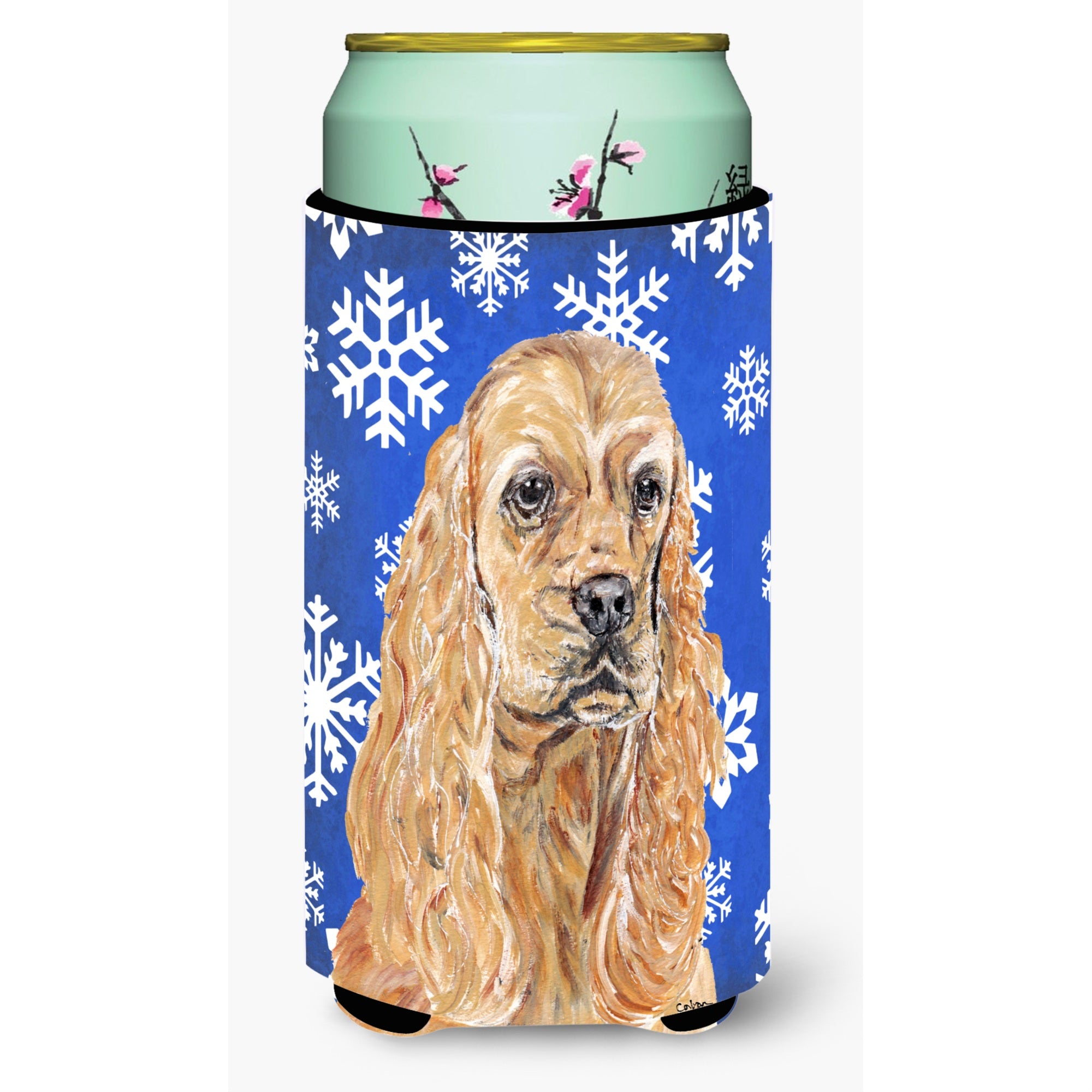 Cocker Spaniel Blue Snowflake Winter Tall Boy Beverage Insulator Beverage Insulator Hugger