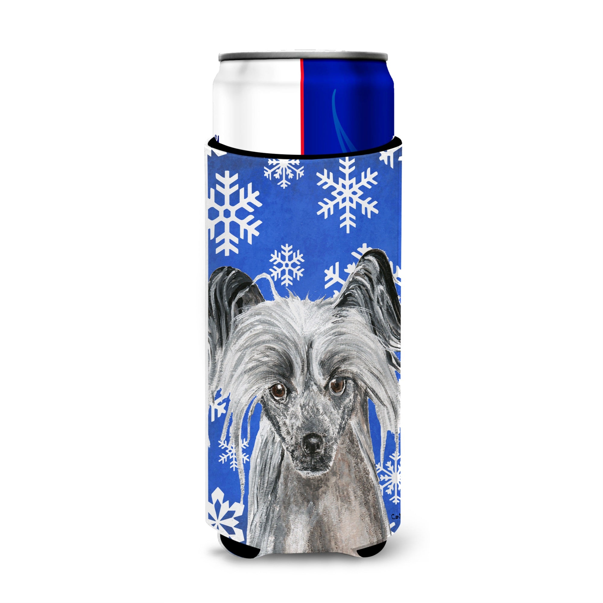Chinese Crested Blue Snowflake Winter Ultra Beverage Insulators For Slim Cans