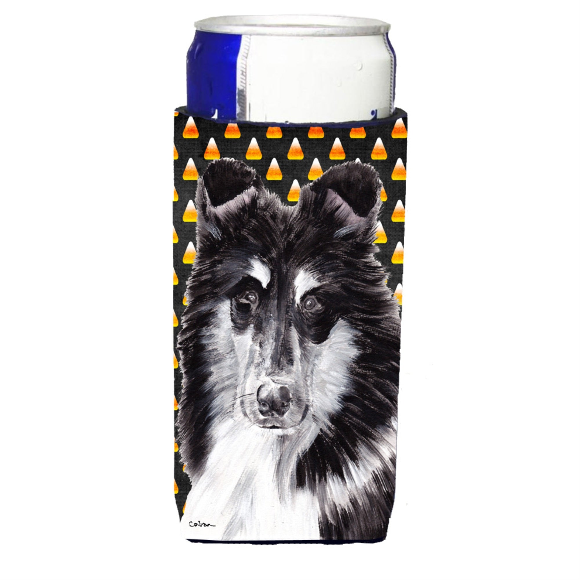 Black And White Collie Candy Corn Halloween Ultra Beverage Insulators For Slim Cans Sc9654Muk