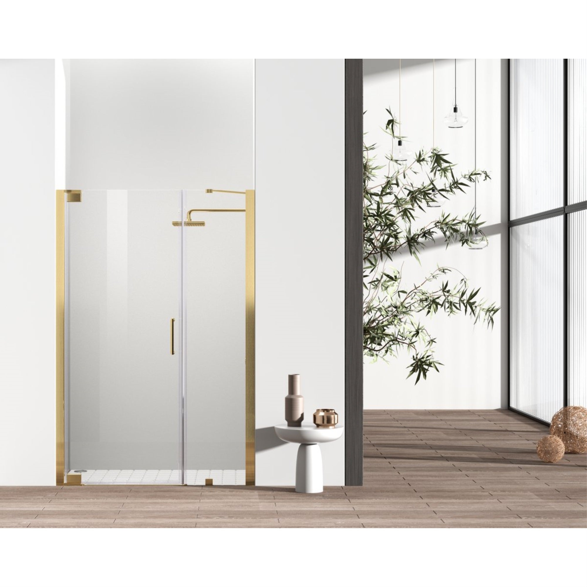 Semi-Frameless Hinged Shower Door 48 X 72 Brushed Gold