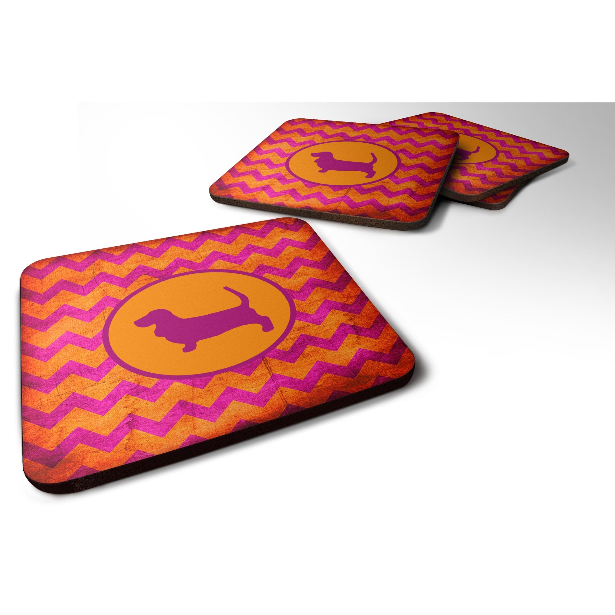 Caroline'S Treasures Sdk1011-B-Fc Basset Hound Chevron Pink And Orange Foam Coasters (Set Of 4), 3.5 H X 3.5 W, Multic