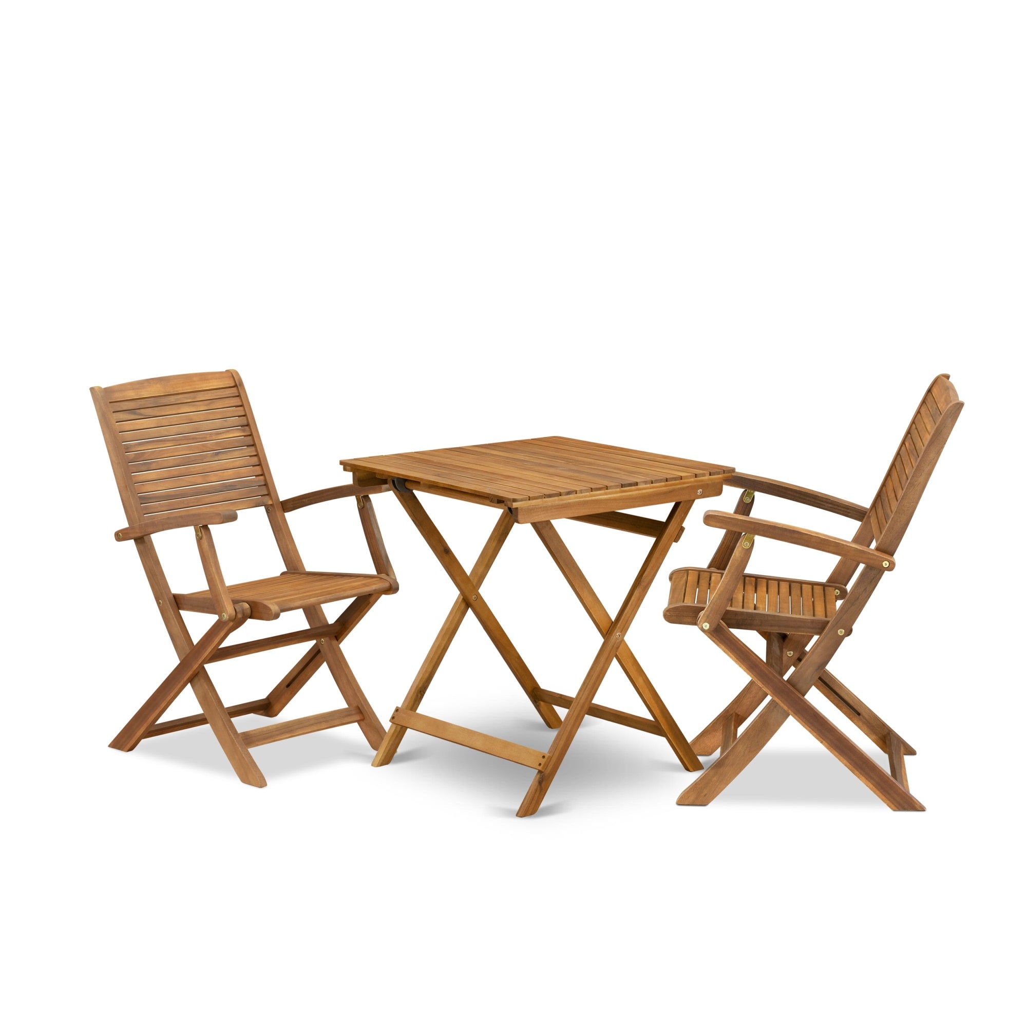 East West Furniture Sehd3Cana 3 Piece Patio Bistro Sets Wood Table Set Contains A Square Outdoor Acacia Wood Coffee Table And 2 Folding Arm Chairs, 26X26 Inch, Natural Oil