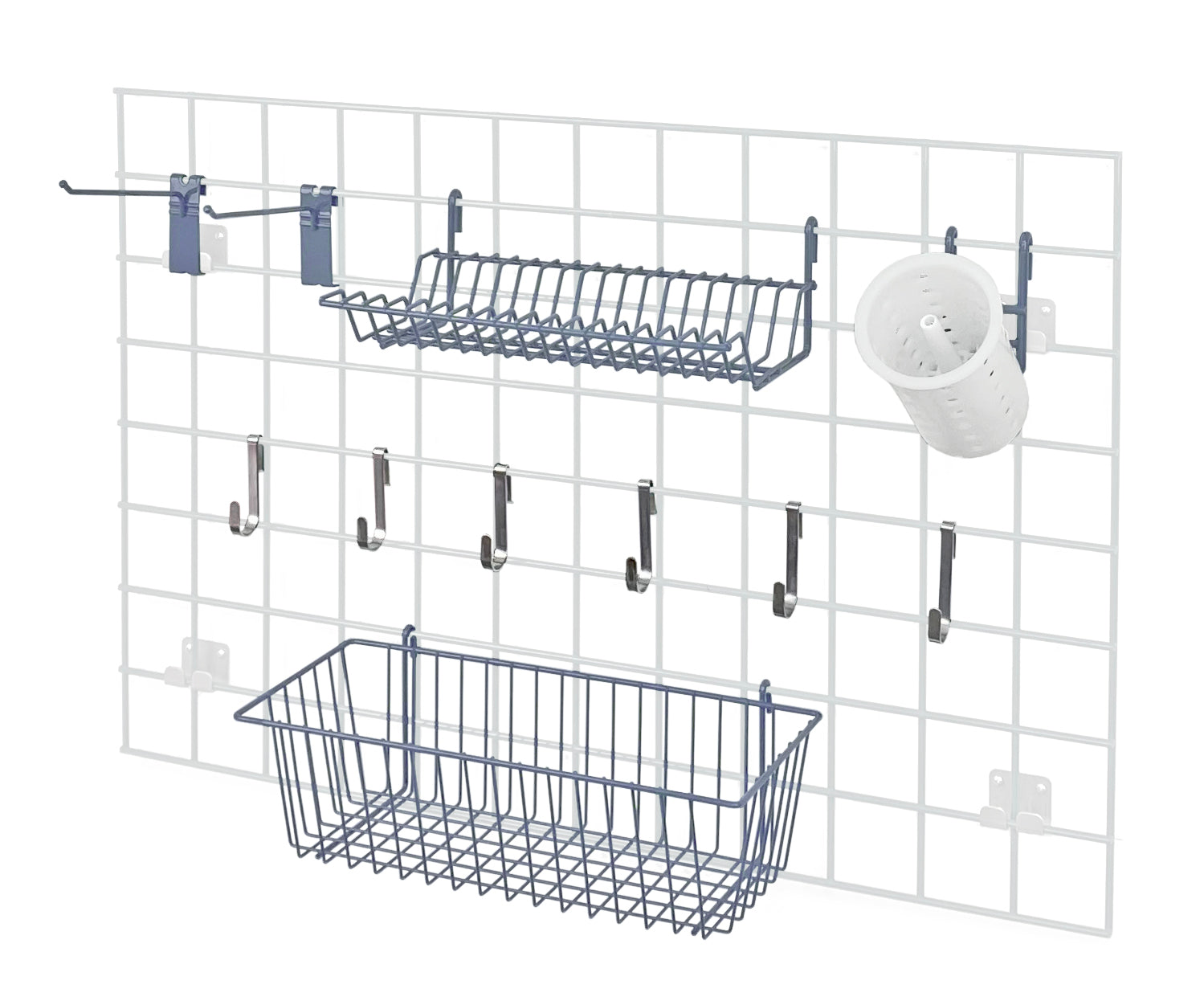 Store Grid Accessory Pack, includes: (1) 17"W x 7"D x 5"H basket, (1) lid holder drying rack, (1) cylinder holder, (1) flatware cylinder, (2) 6" hook and (6) small hook, gray epoxy antimicrobial finish, NSF