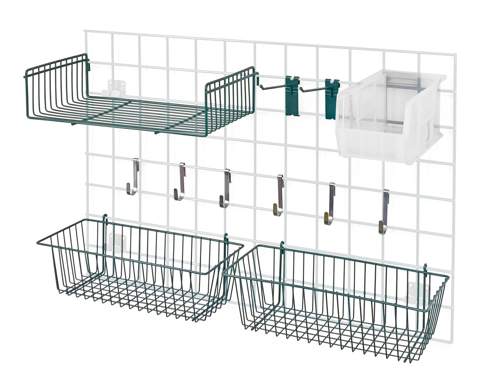 Store Grid Accessory Pack, includes: (2) 17"W x 7"D x 5"H baskets, (1) 18"W x 9"D small shelf, (2) 6" hook, (6) small hook, (1) single bin holder and (1) QUS230 clear bin, green epoxy antimicrobial finish, NSF