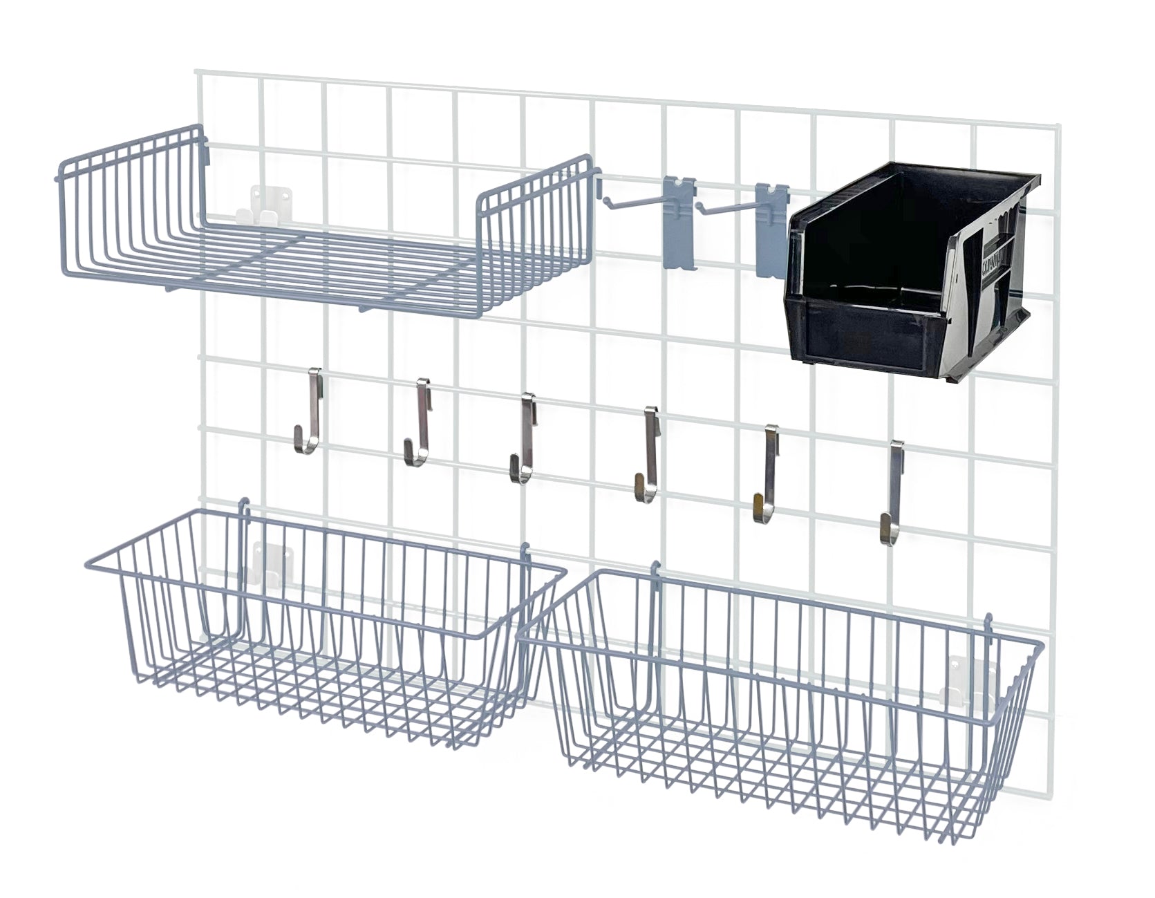 Store Grid Accessory Pack 1, includes: (2) 17"L x 7"W x 5"H basket, (1) 9"W x 18"L small shelf, (2) 6" hook, (6) small hook, (1) single bin holder and (1) QUS230 black bin, gray epoxy antimicrobial finish, NSF