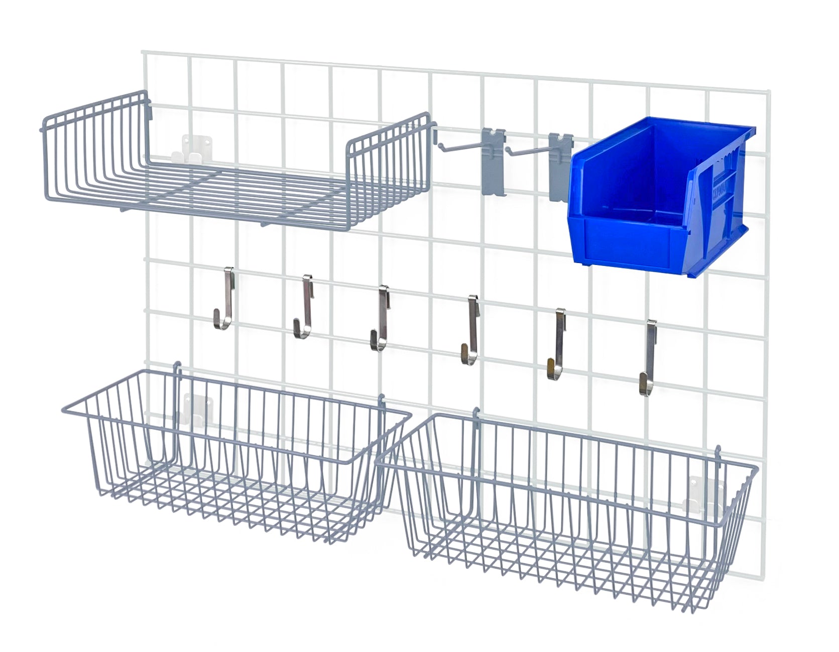 Store Grid Accessory Pack 1, includes: (2) 17"L x 7"W x 5"H basket, (1) 9"W x 18"L small shelf, (2) 6" hook, (6) small hook, (1) single bin holder and (1) QUS230 blue bin, gray epoxy antimicrobial finish, NSF