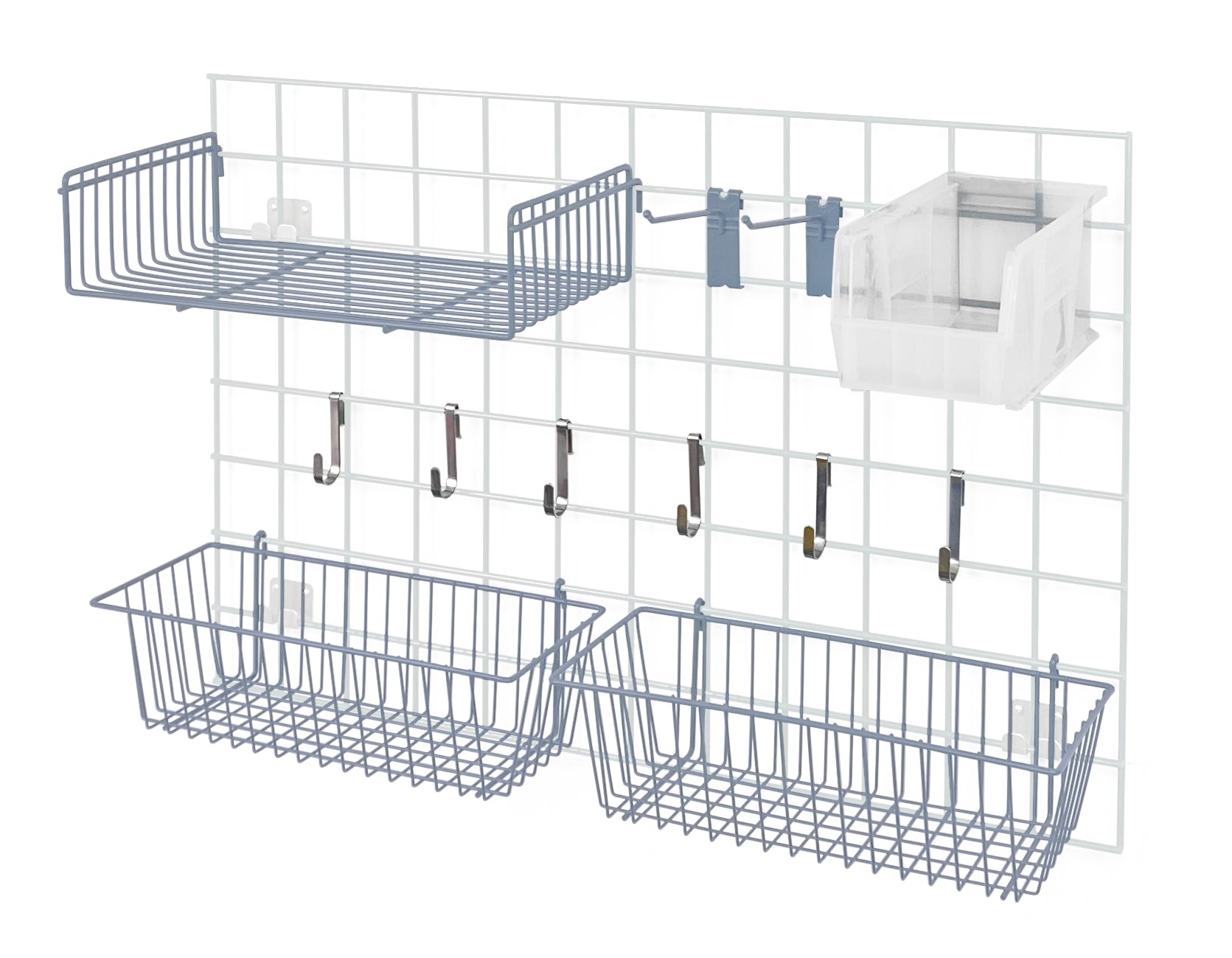 Store Grid Accessory Pack, includes: (2) 17"W x 7"D x 5"H baskets, (1) 9"W x 18"L small shelf, (2) 6" hook, (6) small hook, (1) single bin holder and (1) QUS230 clear bin, gray epoxy antimicrobial finish, NSF