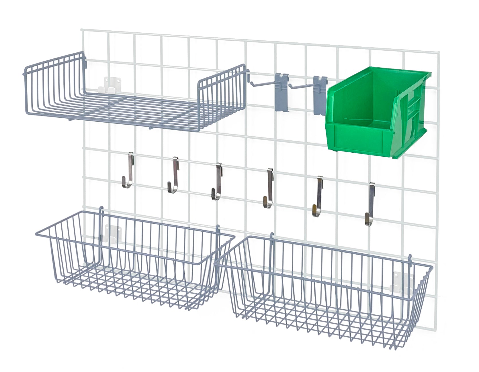 Store Grid Accessory Pack 1, includes: (2) 17"L x 7"W x 5"H basket, (1) 9"W x 18"L small shelf, (2) 6" hook, (6) small hook, (1) single bin holder and (1) QUS230 green bin, gray epoxy antimicrobial finish, NSF