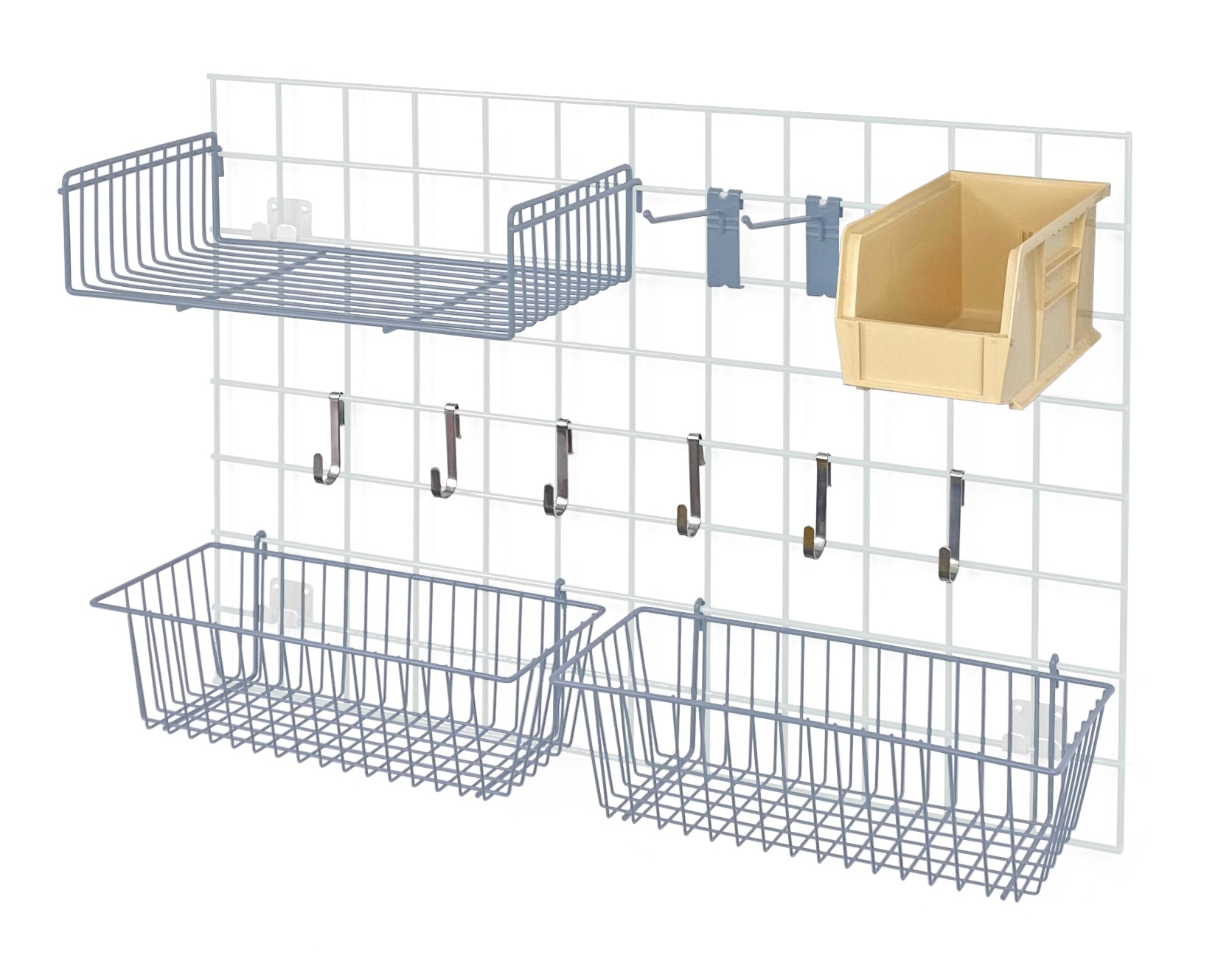 Store Grid Accessory Pack 1, includes: (2) 17"L x 7"W x 5"H basket, (1) 9"W x 18"L small shelf, (2) 6" hook, (6) small hook, (1) single bin holder and (1) QUS230 ivory bin, gray epoxy antimicrobial finish, NSF