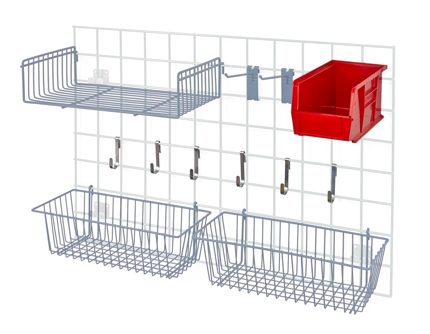 Store Grid Accessory Pack 1, includes: (2) 17"L x 7"W x 5"H basket, (1) 9"W x 18"L small shelf, (2) 6" hook, (6) small hook, (1) single bin holder and (1) QUS230 red bin, gray epoxy antimicrobial finish, NSF
