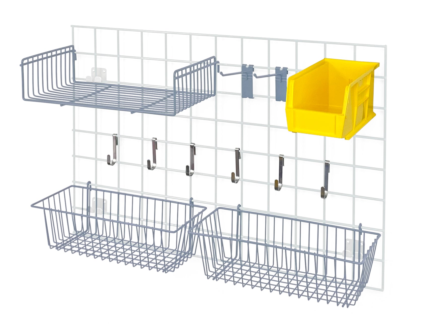 Store Grid Accessory Pack 1, includes: (2) 17"L x 7"W x 5"H basket, (1) 9"W x 18"L small shelf, (2) 6" hook, (6) small hook, (1) single bin holder and (1) QUS230 yellow bin, gray epoxy antimicrobial finish, NSF