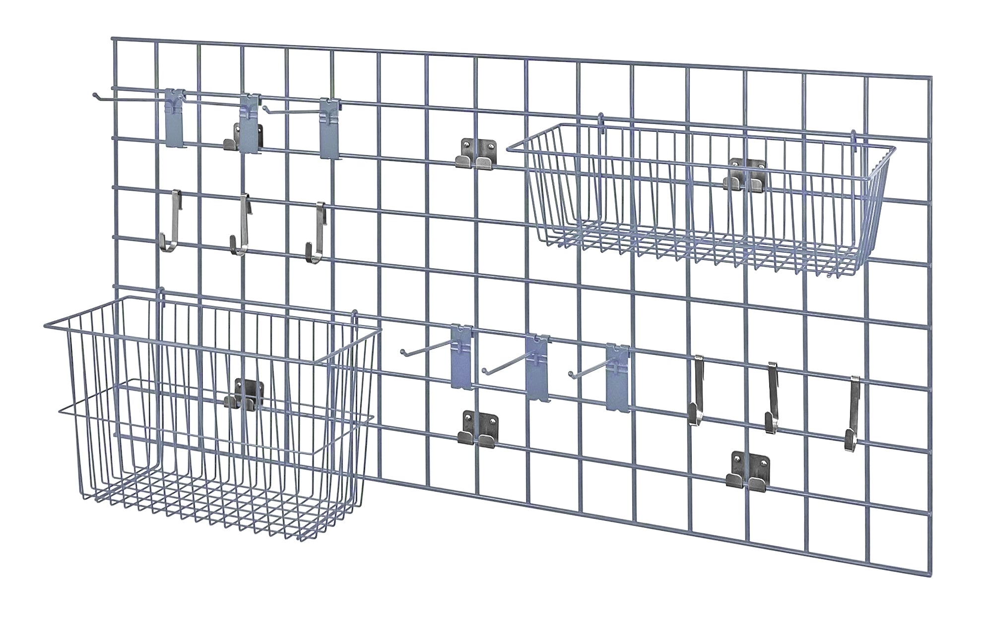 Store Grid Light-Duty Kit, includes: (1) 48"W 24"H grid panel, (1) 17"W x 7"D x 5"H and (1) 17"W x 7"D x 10"H basket, (6) 6" hooks, (6) small hooks and (1) direct wall mounting bracket, gray epoxy antimicrobial finish, NSF