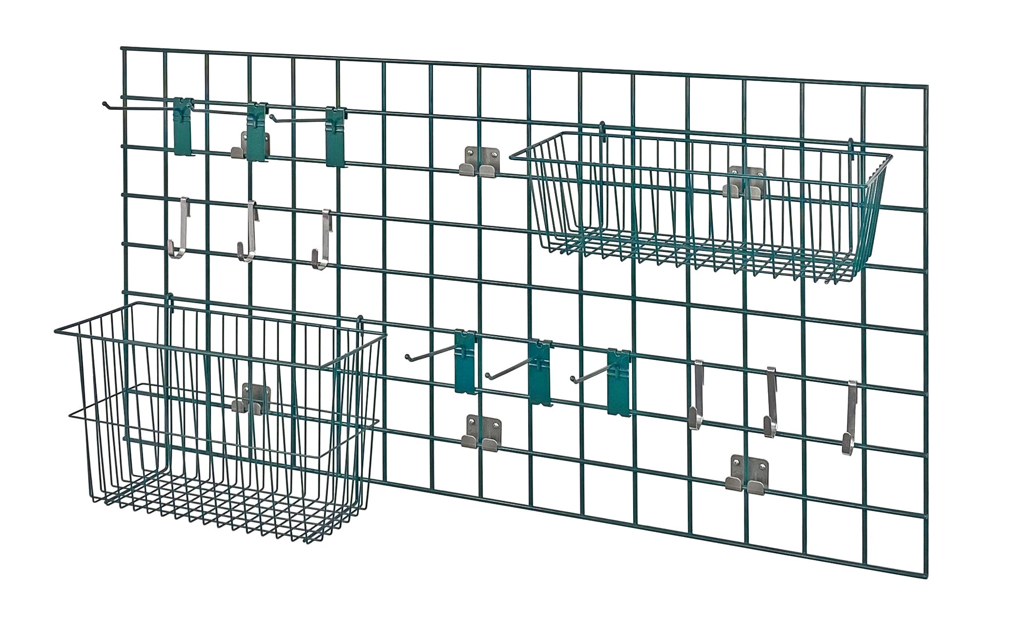 Store Grid Light-Duty Kit, includes: (1) 48"W 24"H grid panel, (1) 17"W x 7"D x 5"H and (1) 17"W x 7"D x 10"H basket, (6) 6" hooks, (6) small hooks and (1) direct wall mounting bracket, green epoxy antimicrobial finish, NSF