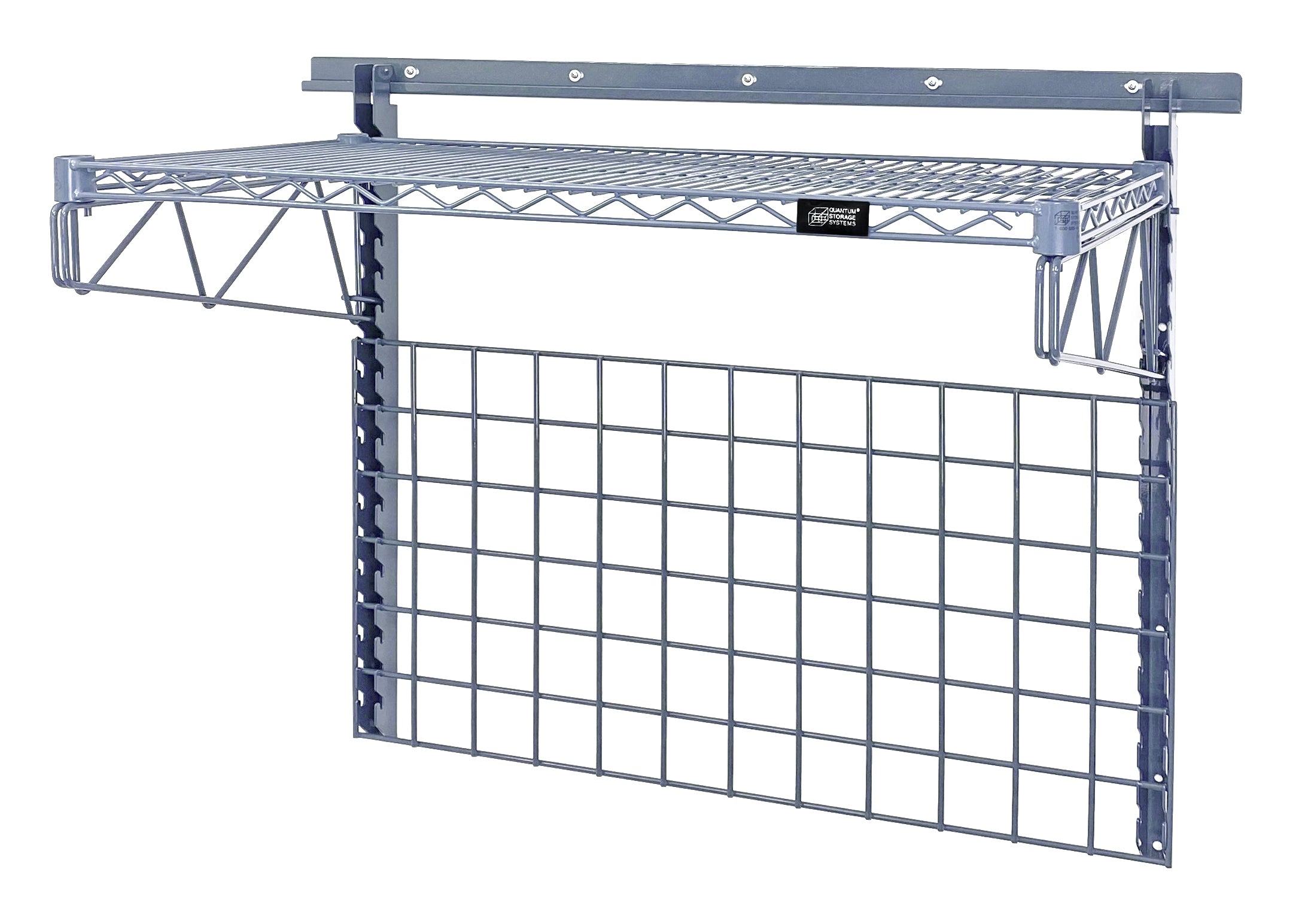 Store Grid Medium-Duty Kit, includes: (1) 40" wall track, (2) 31" upright, (2) 18" single cantilever arm, (1) shelf (1836P), and (1) 36"W x 18"H grid panel, gray epoxy antimicrobial finish, NSF