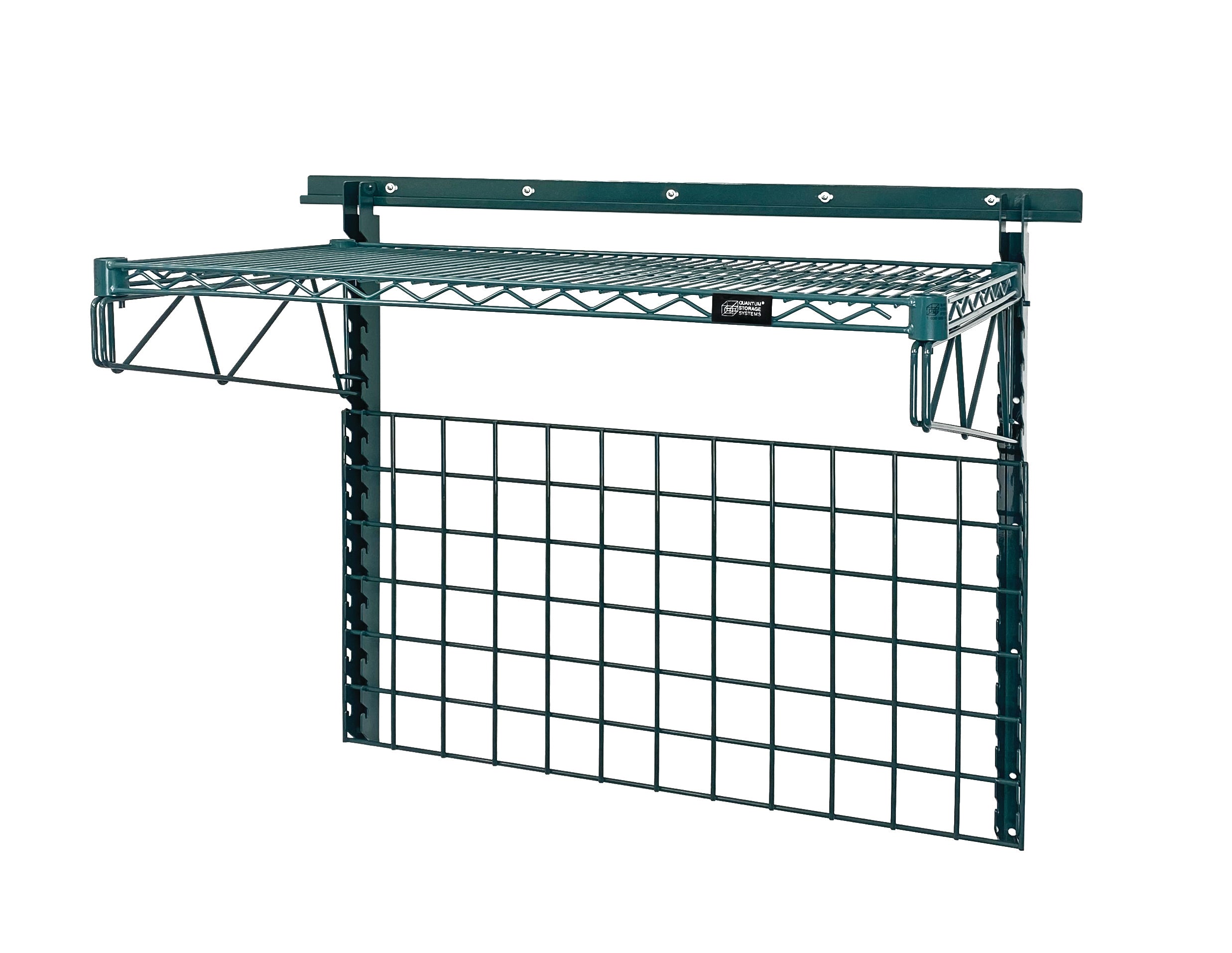 Store Grid Medium-Duty Kit, includes: (1) 40" wall track, (2) 31" upright, (2) 18" single cantilever arm, (1) shelf (1836P), and (1) 36"W x 18"H grid panel, green epoxy antimicrobial finish, NSF