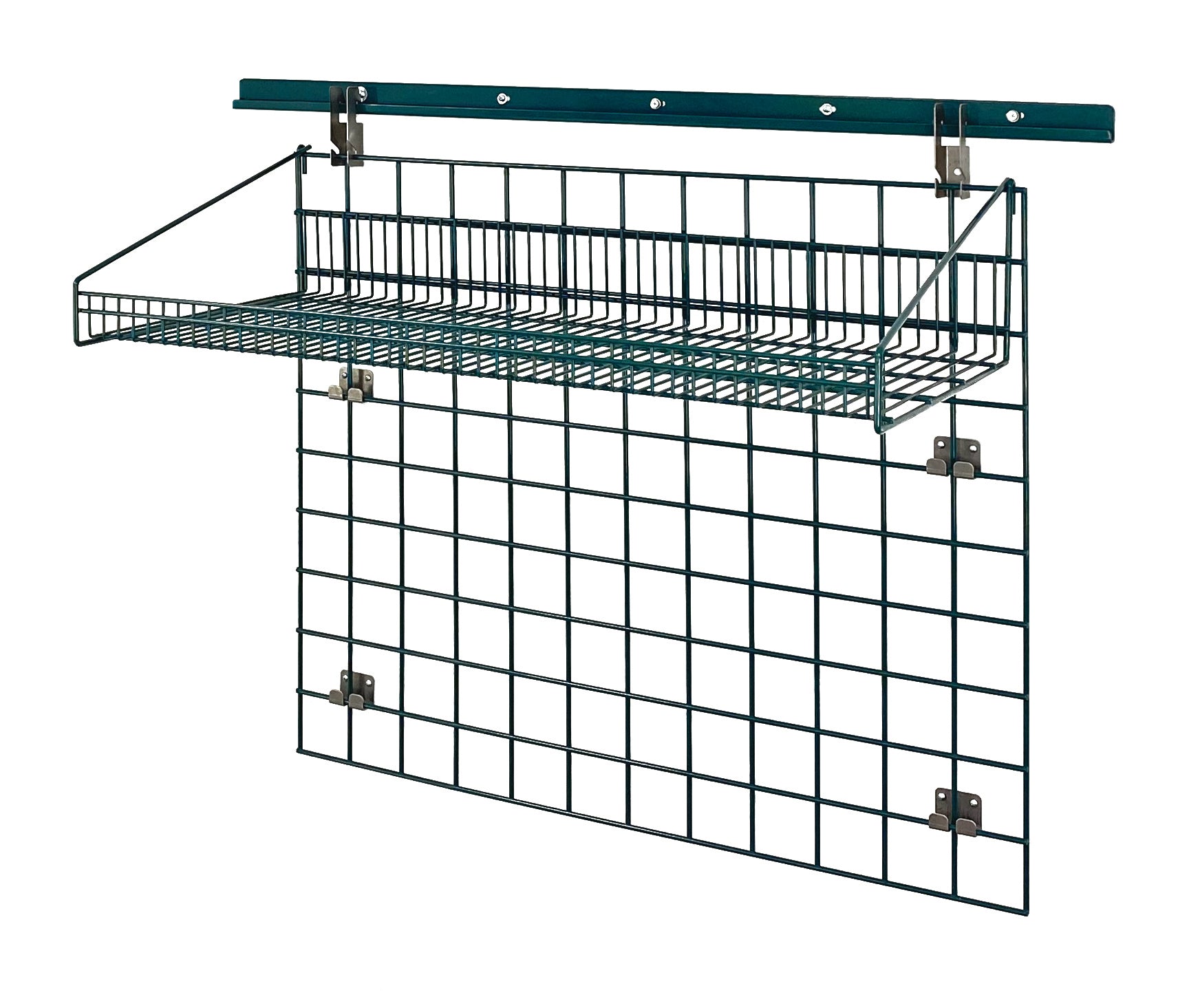 Store Grid Standard-Duty Kit, includes: (1) 40" wall track, (1) 36"W x 30"H grid panel, (1) 36"W x 18"D large shelf and (1) wall tack mounting bracket, green epoxy antimicrobial finish, NSF