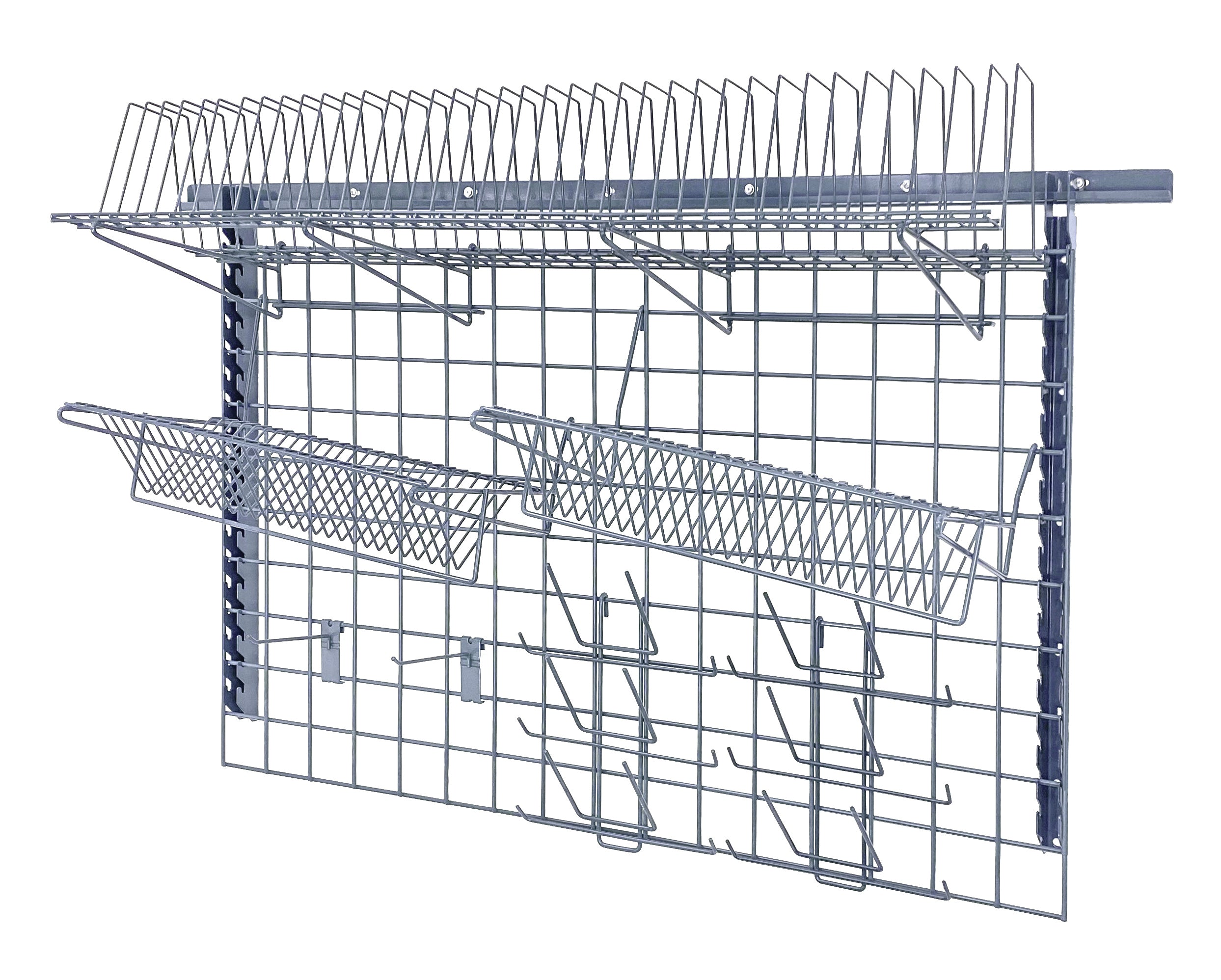 Store Grid Medium-Duty Kit, includes: (1) 56" wall track, (2) 44" uprights, (1) 48"W x 30"H grid panel, (1) 46"W x 14"D tray drying rack, (2) slanted tray drying racks, (2) bottle holders and (2) 6" hooks, gray epoxy antimicrobial finish, NSF