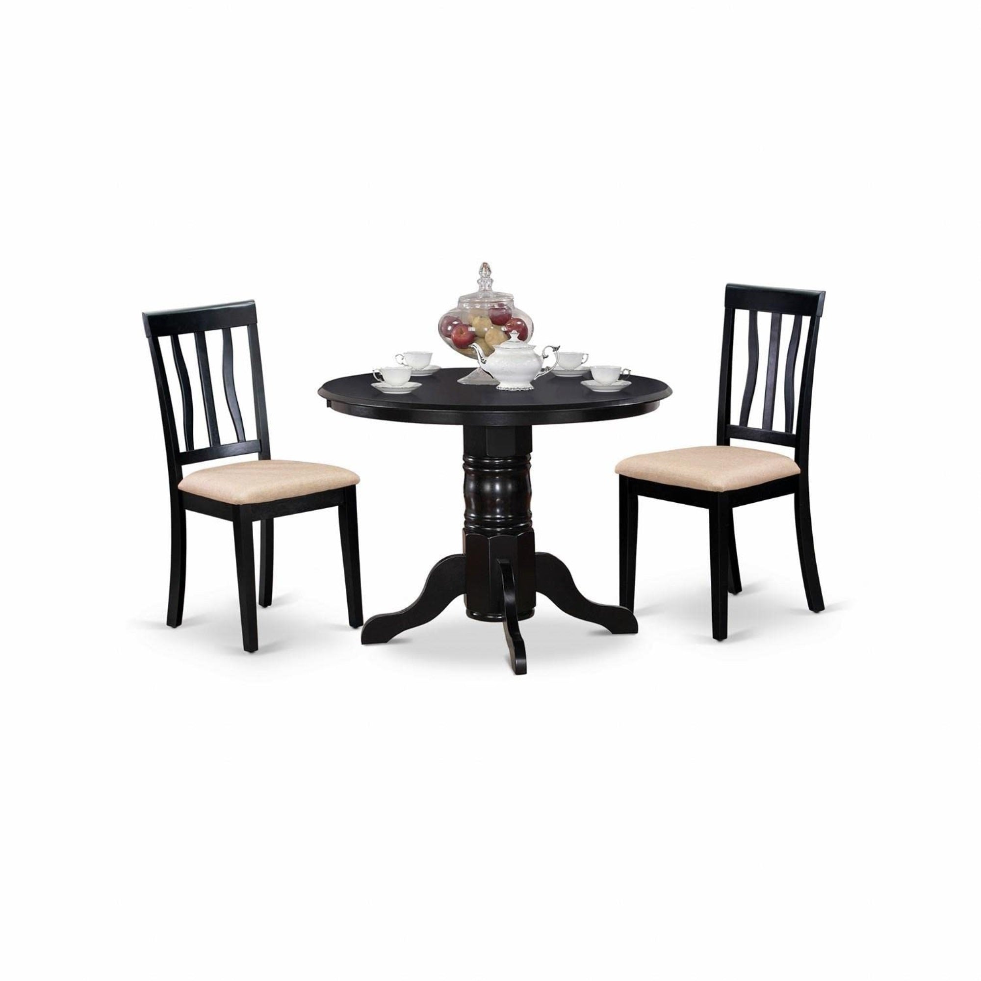 Casafoyer Shan3-Blk-C 3 Piece Dining Set Contains A Round Kitchen Table With Pedestal And 2 Linen Fabric Dining Room Chairs, 42X42 Inch, Black