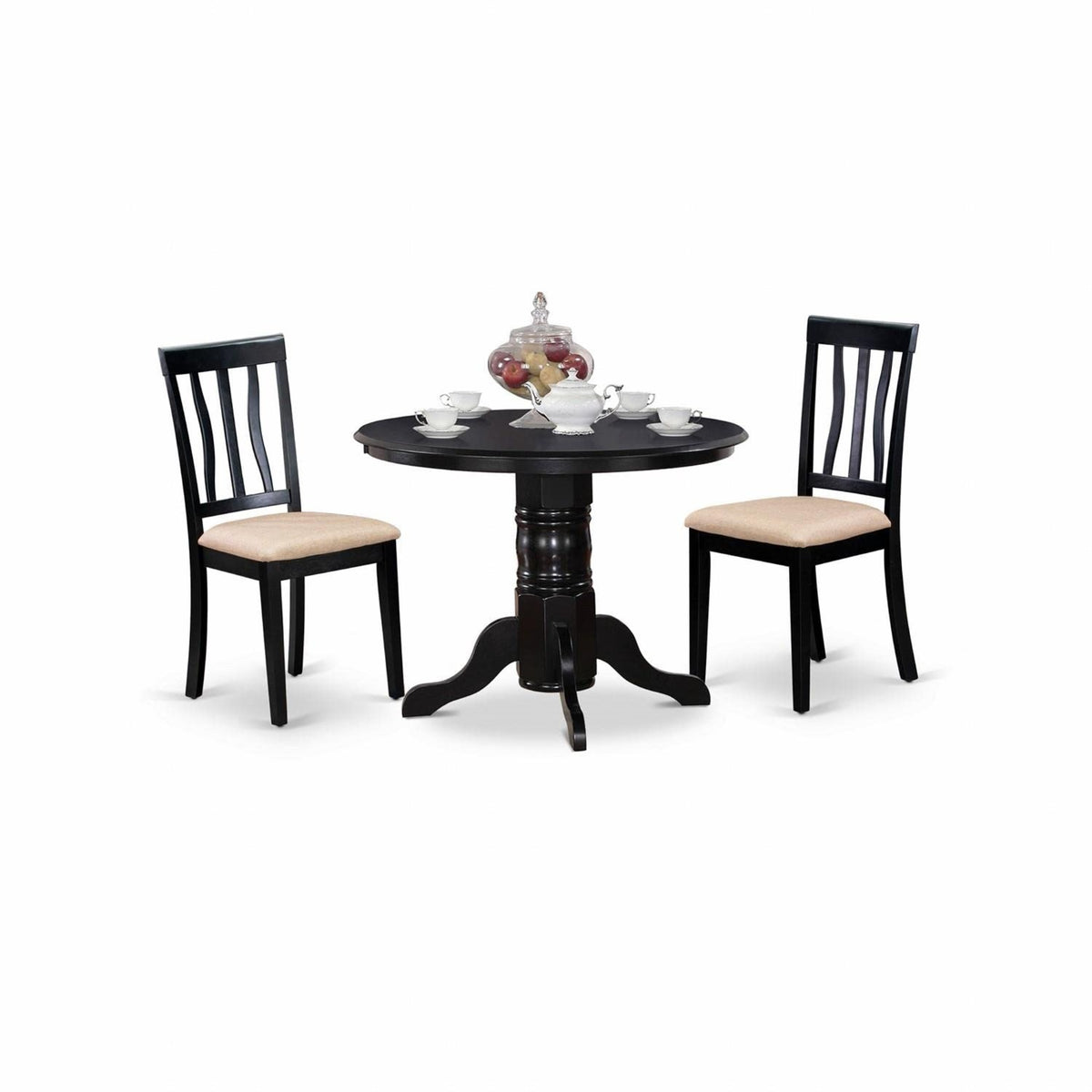 Casafoyer Shan3-Blk-C 3 Piece Dining Set Contains A Round Kitchen Table With Pedestal And 2 Linen Fabric Dining Room Chairs, 42X42 Inch, Black