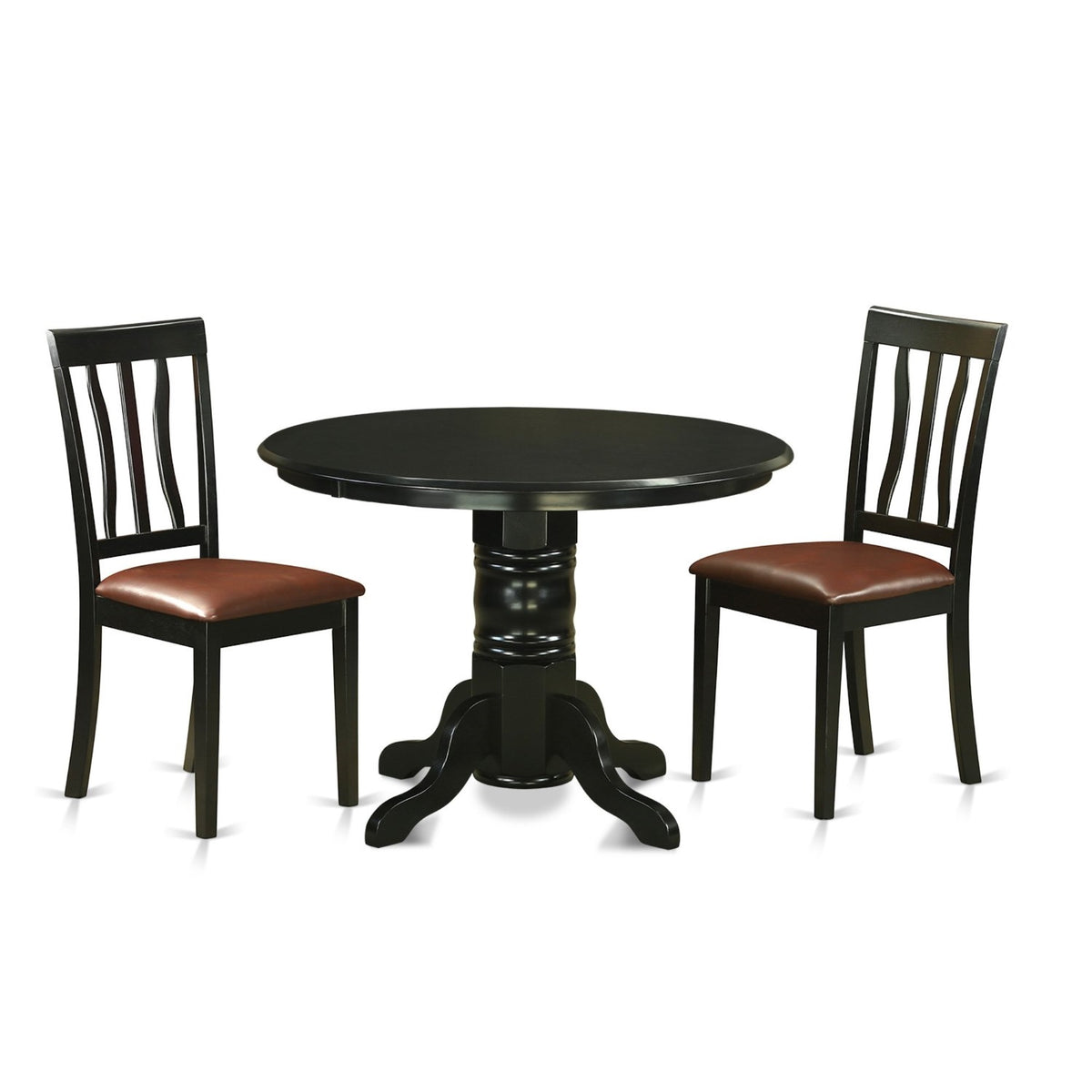 Casafoyer Shelton 3 Piece Set Contains A Round Dining Room Table With Pedestal And 2 Faux Leather Upholstered Chairs, 42X42 Inch, Black