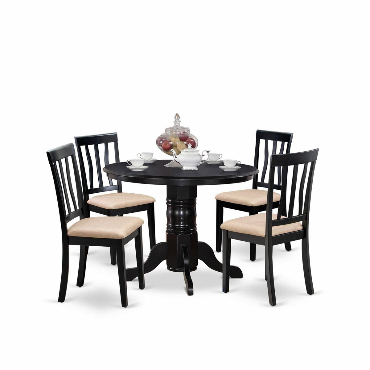 Casafoyer Shan5-Blk-C 5 Piece Kitchen Table & Chairs Set Includes A Round Dining Room Table With Pedestal And 4 Linen Fabric Upholstered Chairs, 42X42 Inch, Black